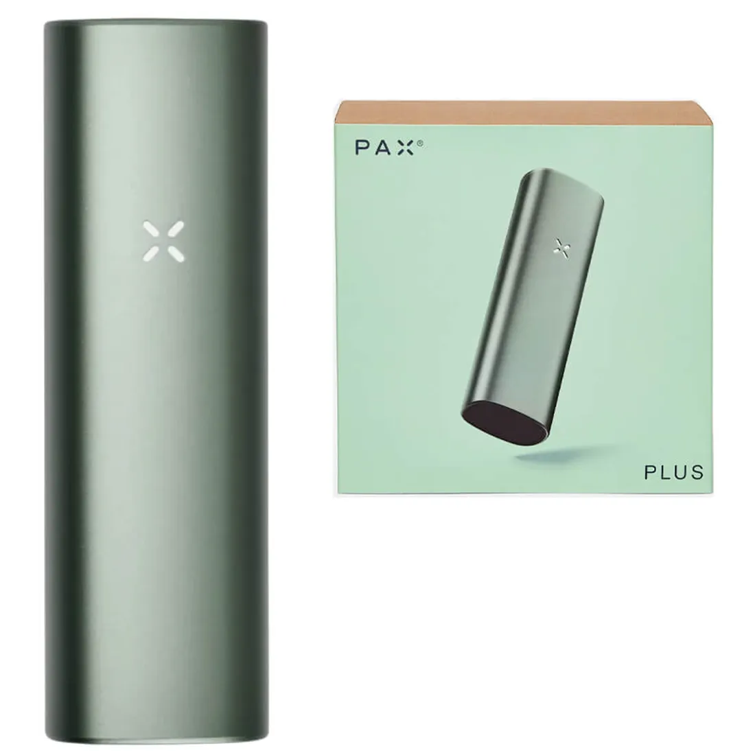 PAX Plus vaporizer præsenterer sig med en slank, oval form, dækket af en mat, grågrøn overflade. Den har en glat tekstur og afrundede kanter. Foran ses en lille, rektangulær skærm, der viser en digital aflæsning. En cylindrisk mundstykke i metal sidder på toppen. En enkelt knap er placeret på siden, omgivet af en let skridsikker overflade.