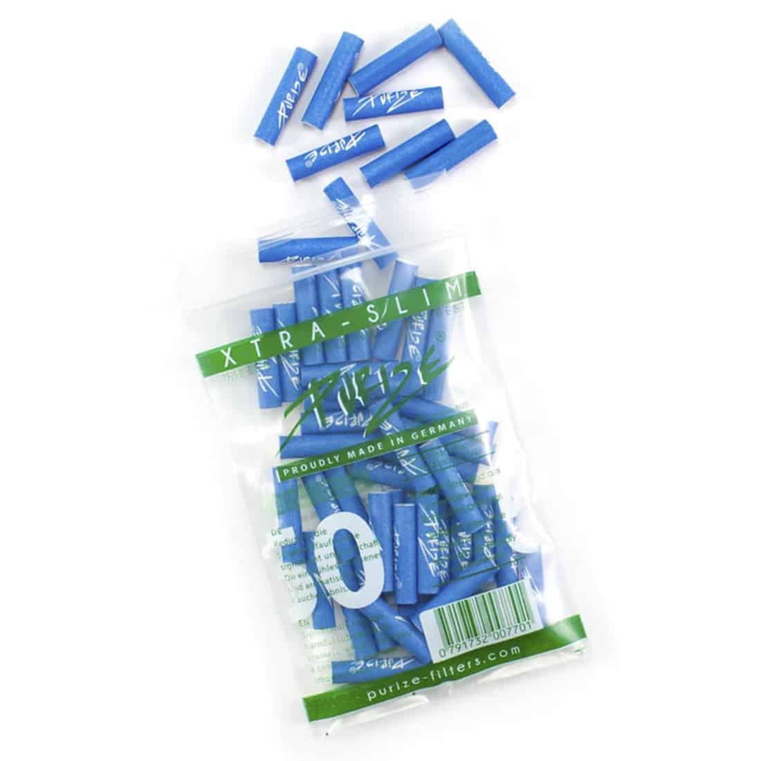 Purize filter i en slank, langstrakt form præsenterer sig i en lys blå farve med en glat overflade. Hver enhed har en ensartet struktur, der afslører fine detaljer og en let glans. Pakken indeholder 50 stykker, som er arrangeret i en kompakt, rektangulær form med tydelig tekst og symboler, der angiver brug og egenskaber.