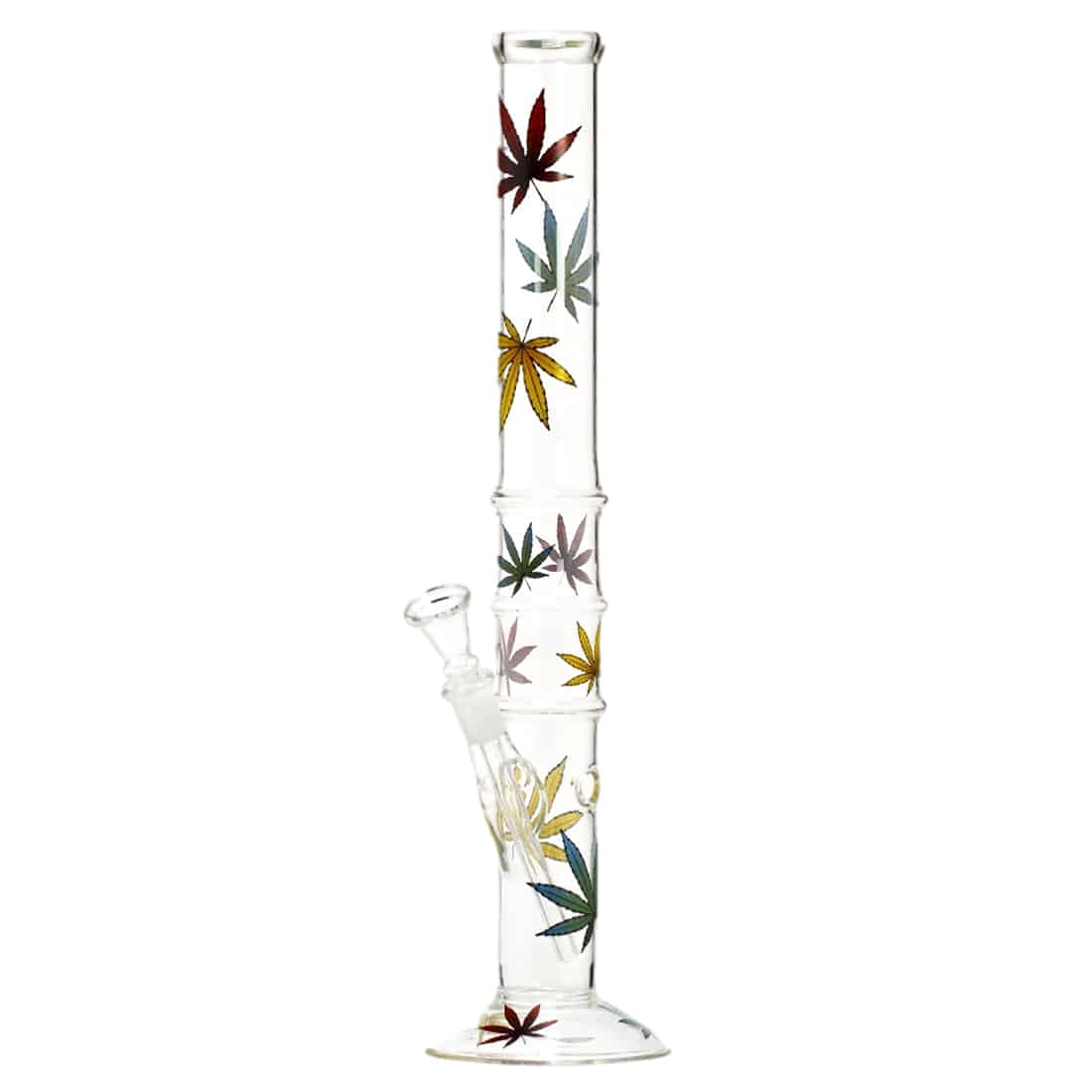 En høj, cylindrisk beaker med en klar, glat overflade og en transparent farve. Beakeren har en bred åbning og en flad bund, hvilket giver stabilitet. Den prydes af et farverigt mønster i nuancer af blå, grøn og rød, der skaber en livlig kontrast til den klare glasoverflade. Beakeren er 40 cm høj.