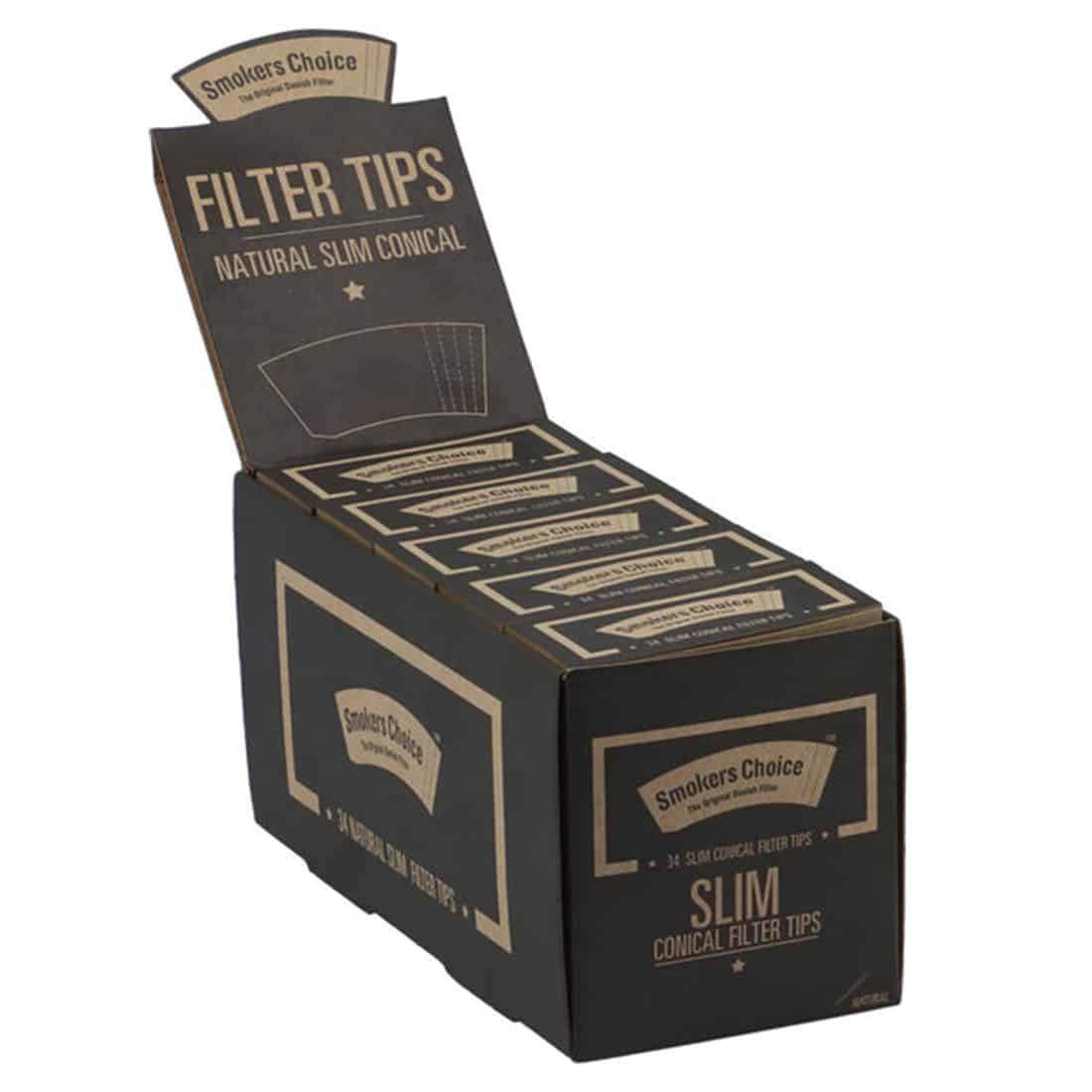 En pakke med cigaretpapir i en slank, konisk form. Forsiden prydes af en mørk baggrund med lysegrønne og hvide detaljer, hvor teksten "Smokers Choice" er tydelig. Papiret er naturligt, med en let gennemsigtig tekstur. Den øverste del har en praktisk åbning, der gør det nemt at tage papiret ud. Mønsteret er enkelt og elegant.