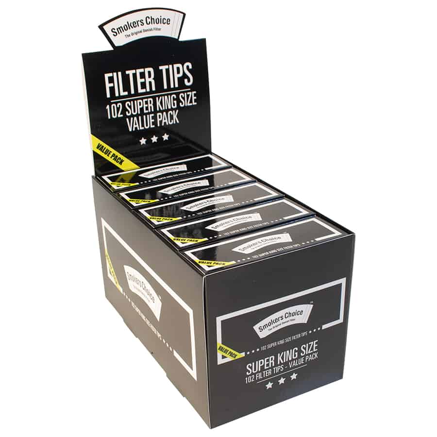Displayboks med Smokers Choice - Value Pack Black Super King Size filterspidser, med et stilfuldt sort/hvidt design med gule og hvide tekstaccenter.