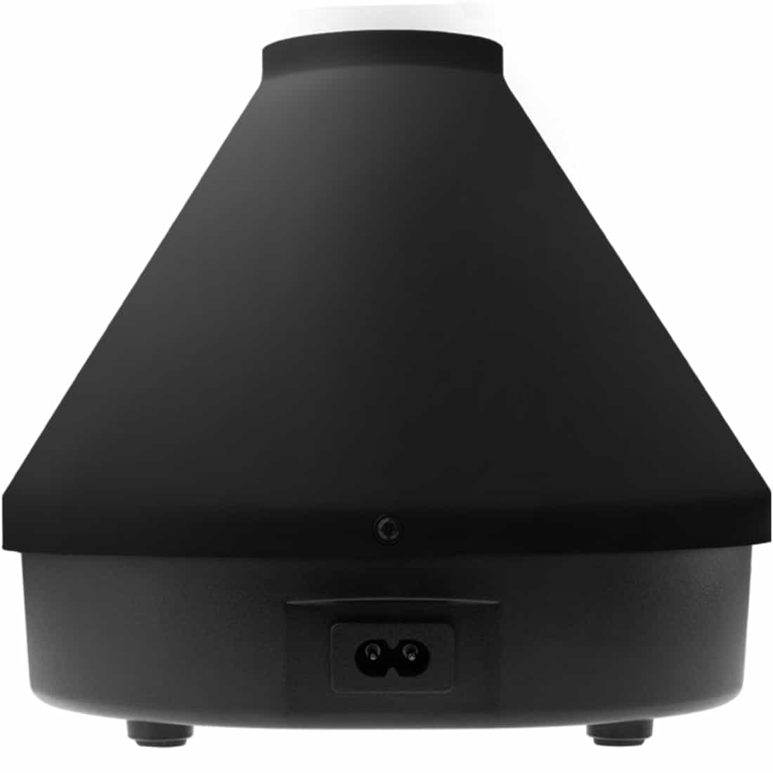 Volcano Hybrid er en enhed med en karakteristisk, cylindrisk form og en sort, mat overflade. Den har en digital skærm med hvide tal og symboler, der viser temperatur og tid. En stor, rund ventilationsåbning er placeret på toppen, mens en slange med en gennemsigtig, fleksibel struktur er tilsluttet. Knapperne er placeret på fronten, hvilket giver et minimalistisk udtryk.