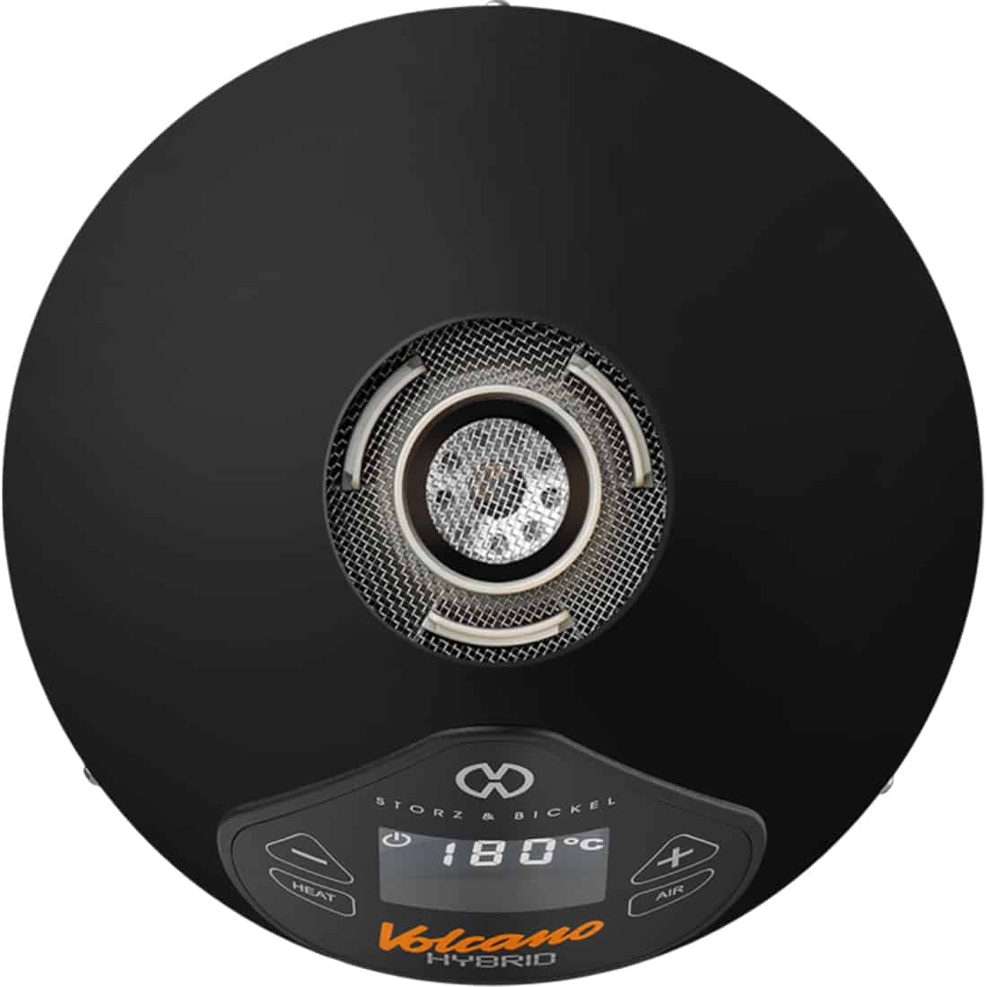 Storz & Bickel Volcano Hybrid i onyxfarvet materiale præsenterer en robust, cylindrisk form med en flad top. Den har en sølvfarvet ventilationsåbning og en digital skærm med knapper til temperaturindstilling. Overfladen har en mat struktur, mens bunden er udstyret med skridsikre gummifødder. Enheden har en elegant, moderne æstetik med en minimalistisk tilgang.