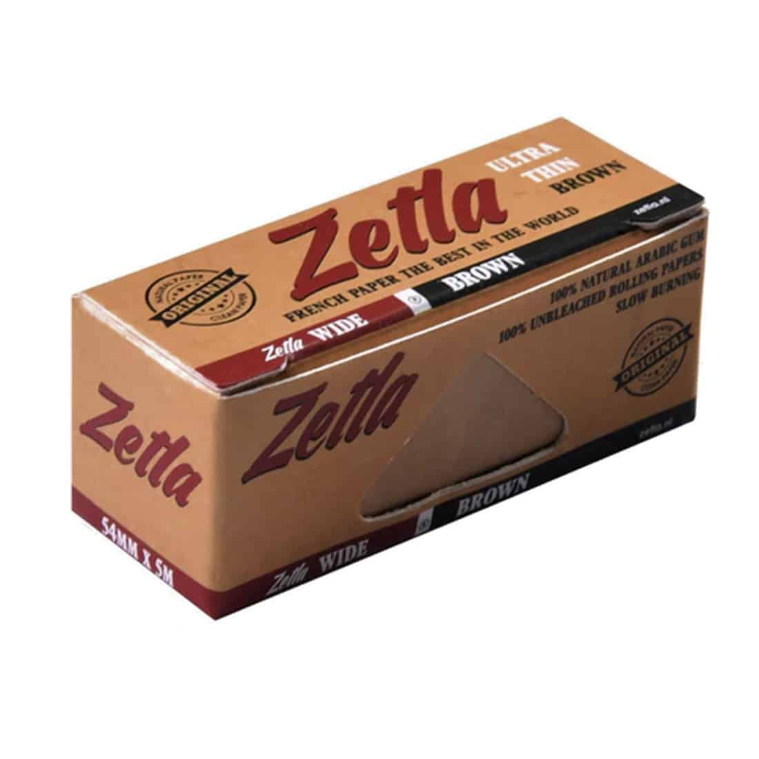 Brunt papir med en glat overflade strækker sig horisontalt, opdelt i segmenter med en synlig struktur. Papiret er rullet op, hvilket skaber en let bølget form i kanterne. Farven varierer fra lysere til mørkere nuancer af brunt. En tydelig linje markerer papirets afslutning, og den samlede længde er fem meter.