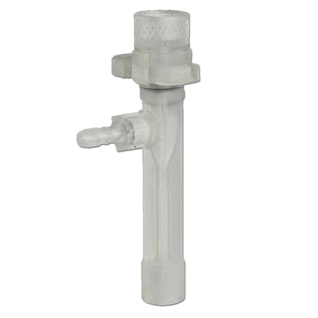 En gennemsigtig vandjet vakuumpumpe præsenterer sig med en cylindrisk form, fremstillet af klar plast. Pumpens indre dele, såsom motor og ledninger, er synlige og præcist arrangeret. To tilslutningsrør i metal strækker sig fra pumpen, mens en rund fod sikrer stabilitet. Overfladen har en glat tekstur, der reflekterer lys og fremhæver detaljerne i konstruktionen.