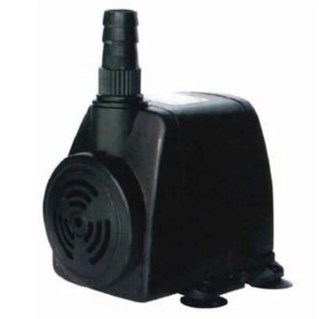 Cirkulationspumpen præsenterer en kompakt, cylindrisk form i mat sort plast med en blank metaloverflade på toppen. Den har en rund, let skrånet front med et digitalt display og to knapper, der er placeret ved siden af. På siden ses et indløb og et udløb, begge med gevind. Pumpens design er funktionelt og strømlinet.