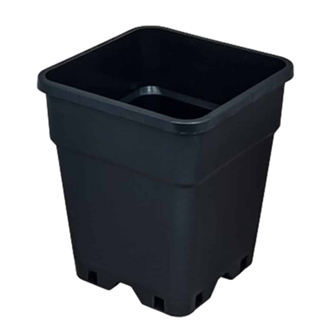 En firkantet potte med målene 18 x 18 x 22 cm præsenterer sig i en enkel, ensfarvet struktur. Den er fremstillet af robust plastmateriale med en glat overflade, som reflekterer lyset let. Potten har en dyb, mørk farve og en flad bund, hvilket giver stabilitet. Der er ingen synlige mønstre eller dekorationer.