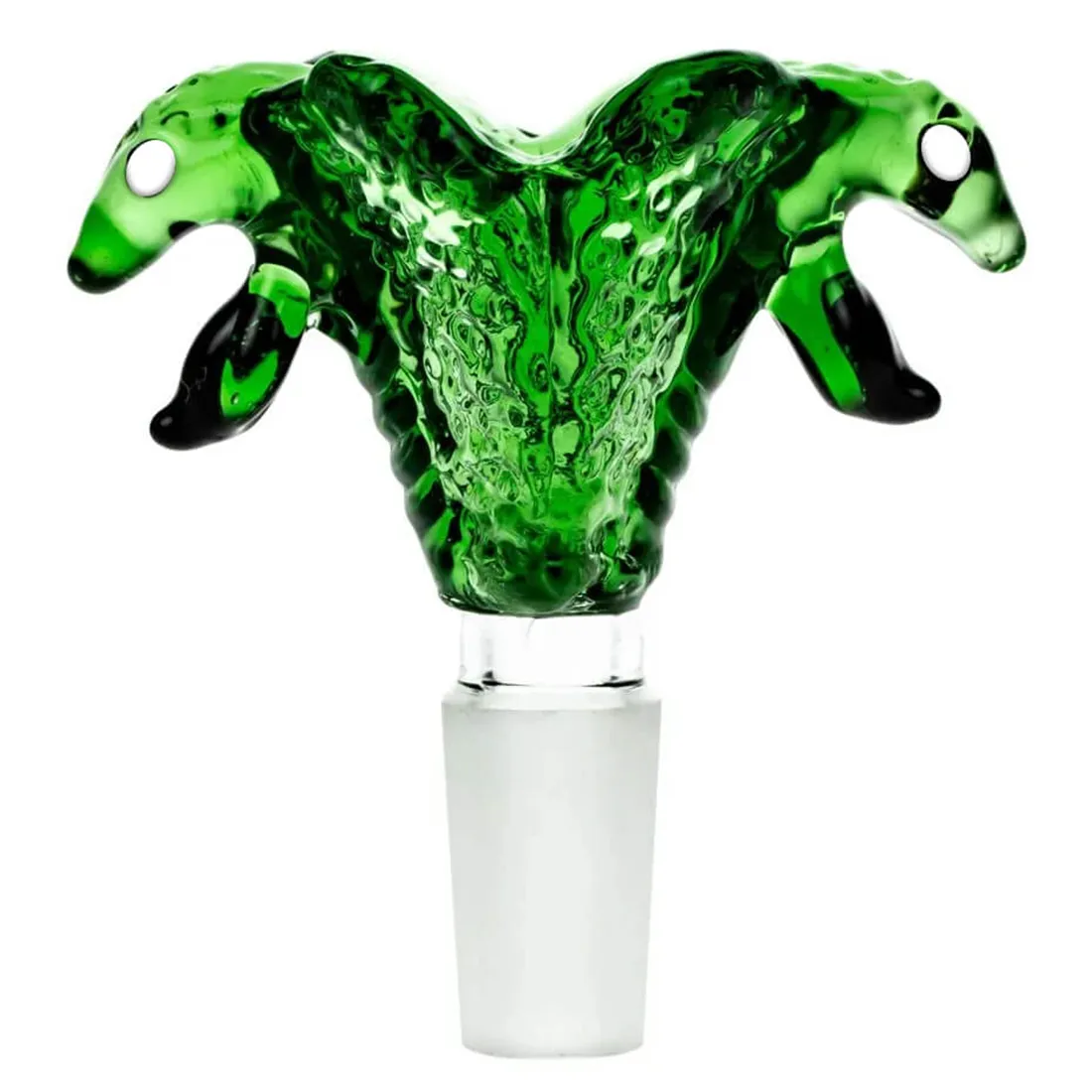 En dobbeltsidet slangeformet figur i en dyb grøn farve pryder overfladen. Den har en glat, skinnende tekstur, der reflekterer lys. Figurens kurver og bølger skaber en dynamisk bevægelse. Detaljerede linjer fremhæver slangeelementernes skønhed. Den er placeret på en neutral baggrund, der fremhæver dens farve og design.