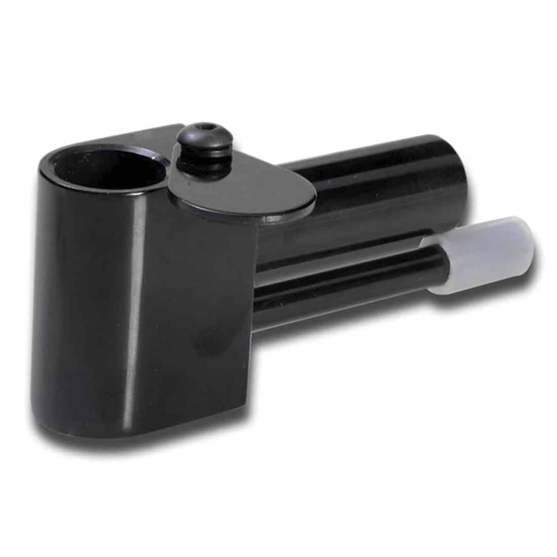 En sort metalvaporizer med en slank, cylindrisk form og en længde på 78 mm præsenterer sig. Overfladen har en mat finish, der giver en moderne udstråling. Der er en lille, afrundet mundstykke i den ene ende, mens den modsatte ende har et diskret åbning til fyldning. En fin, præcist udformet knap sidder på siden.