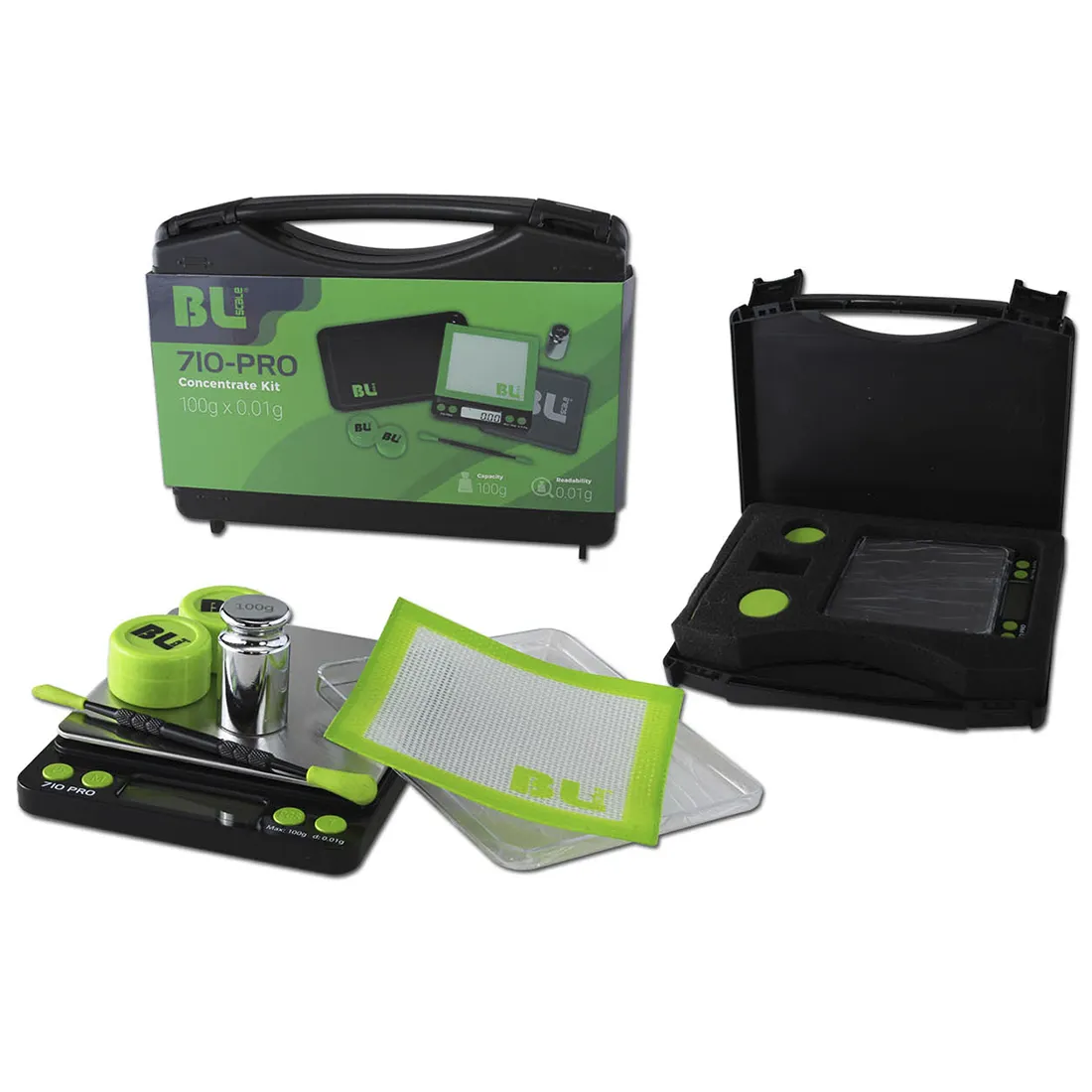 En digital vægt præsenteres med en glat, sort overflade og en stor, tydelig LCD-skærm. Vægten har en firkantet form med runde kanter og en vægtkapacitet på 710 gram. Der er en afbryderknap og en tare-funktion, samt en separat skål til præcise målinger. Materialet er plast, hvilket giver en let og holdbar konstruktion.