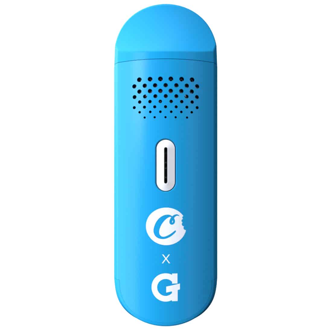 En sort vaporizer præsenteres med en glat, mat overflade og en minimalistisk form. En tydelig g-pen logo er placeret på siden. Toppen har en rund åbning med en metaltråd, der skaber en kontrast til den sorte krop. Ved siden af ligger en lille pakke med små, runde cookies. Cookies har en gyldenbrun farve med en sprød tekstur.