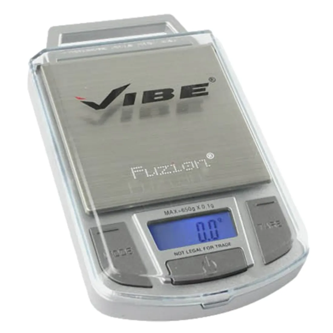 En vægt på 650 gram præsenterer sig i en oval form med en glat, sort overflade. Den har en tydelig, hvid skala med tal markeret, som angiver vægten. Knapper i metalfarve er placeret på den ene side, hvilket giver et kontrastfyldt udtryk. Materialet synes at være plast, hvilket tilføjer en let og moderne fornemmelse.