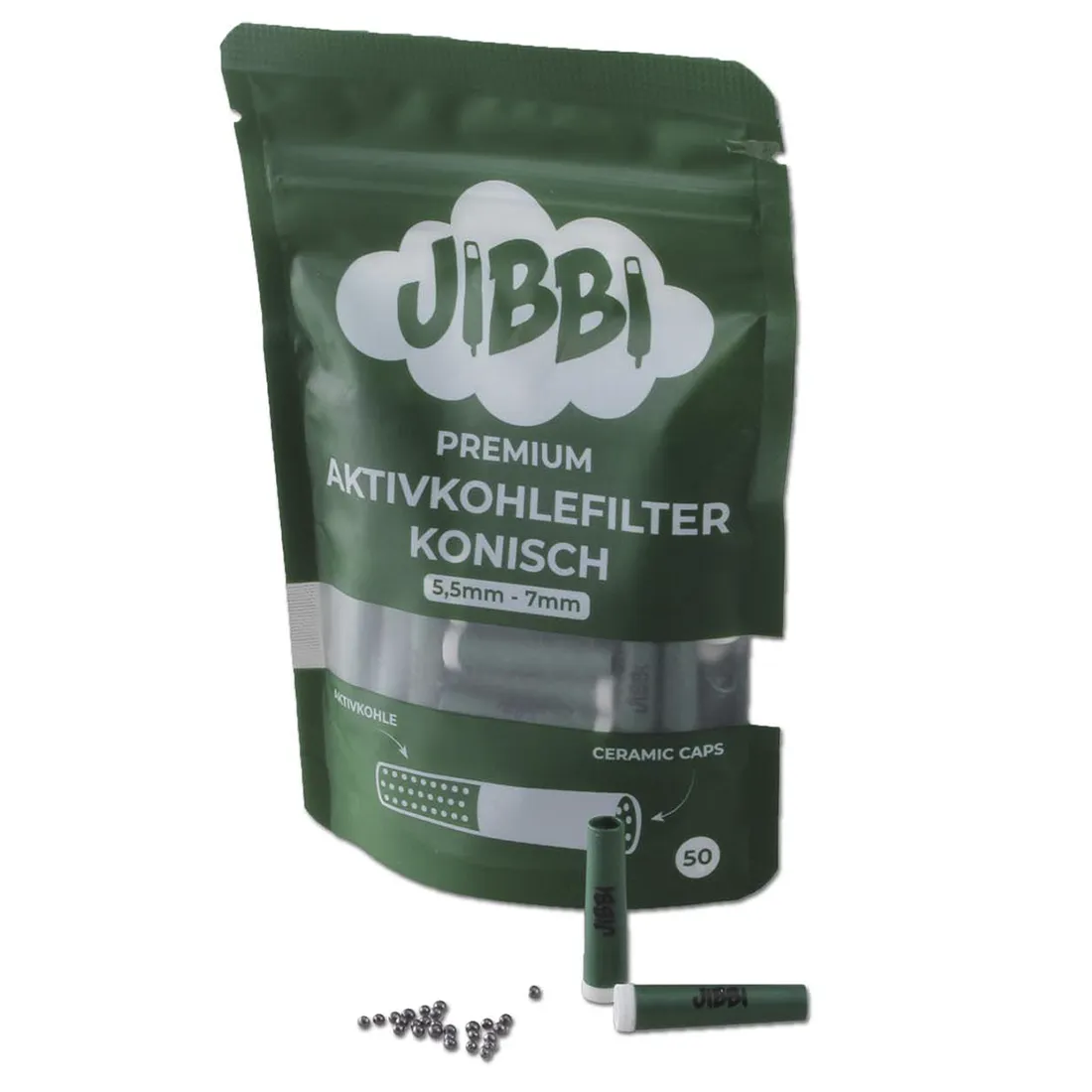 Koniske aktive filtre i hvidt papir præsenteres i en pakke med 50 stk. Hver filterform har en glat overflade og en tydelig konisk form, der smalner mod toppen. Filterne er samlet i en bunke, der fremhæver deres ensartede størrelse og form. Pakken er enkel og funktionel, uden yderligere dekoration eller tekst.