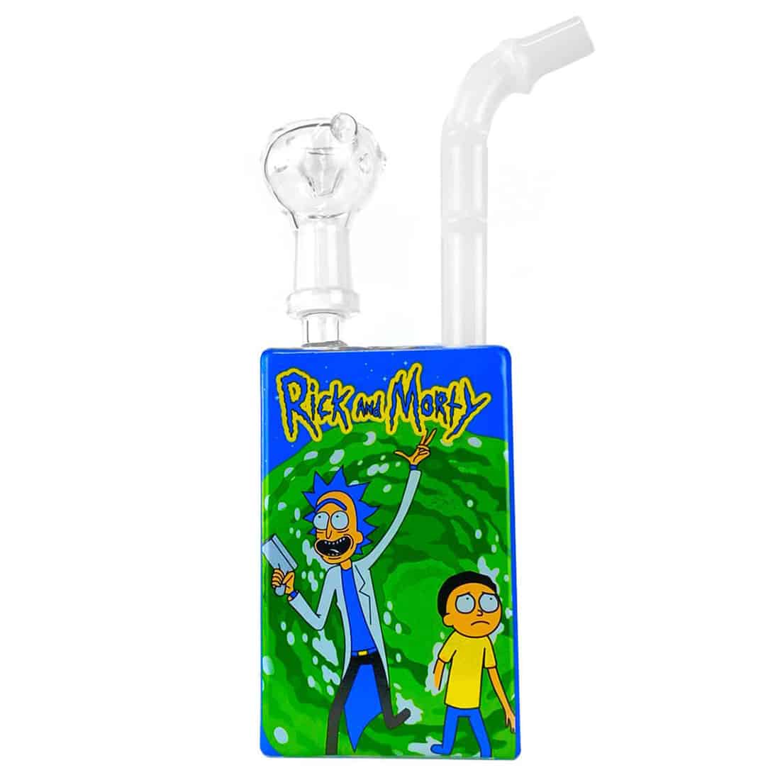 Et gennemsigtigt glasformet objekt prydes af farverige, cartoon-lignende karakterer, der er malet på overfladen. Karaktererne har store øjne og smilende ansigtstræk, hvilket skaber en livlig og legende stemning. Glasset har en glat overflade og en let buet form, med en solid bund, der giver stabilitet. Farverne inkluderer lyse nuancer af grøn, blå og rød.