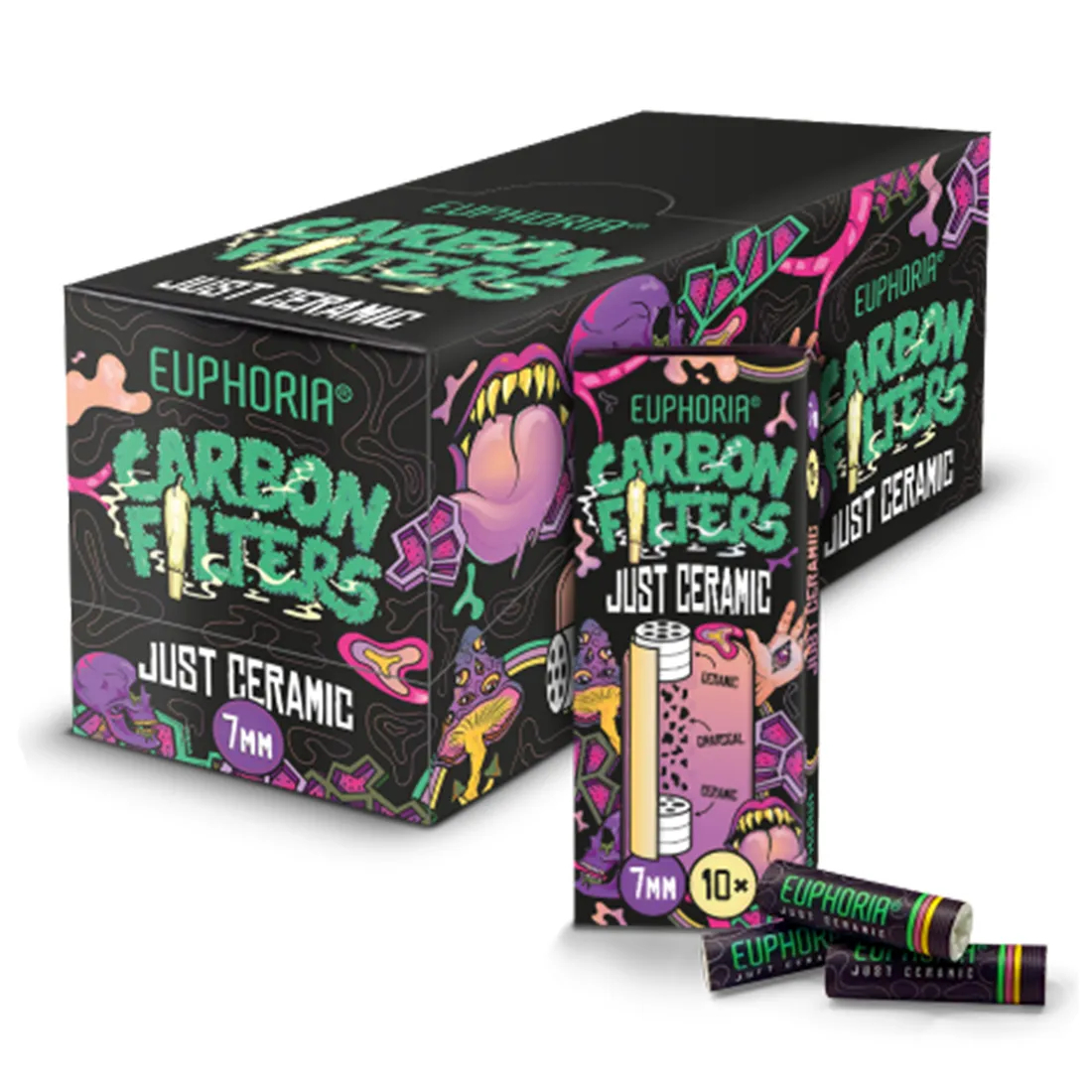 En pakke med ti keramiske kulfiltre i en sort og hvid farvekombination. Filtrene har en cylinderform med en glat, mat overflade. Hver enhed er præcist 7 mm i diameter. Mærkningen på emballagen er tydelig, med oplysninger om produktet trykt i sort tekst på en hvid baggrund. Filtrene er samlet i en kompakt, rektangulær form.