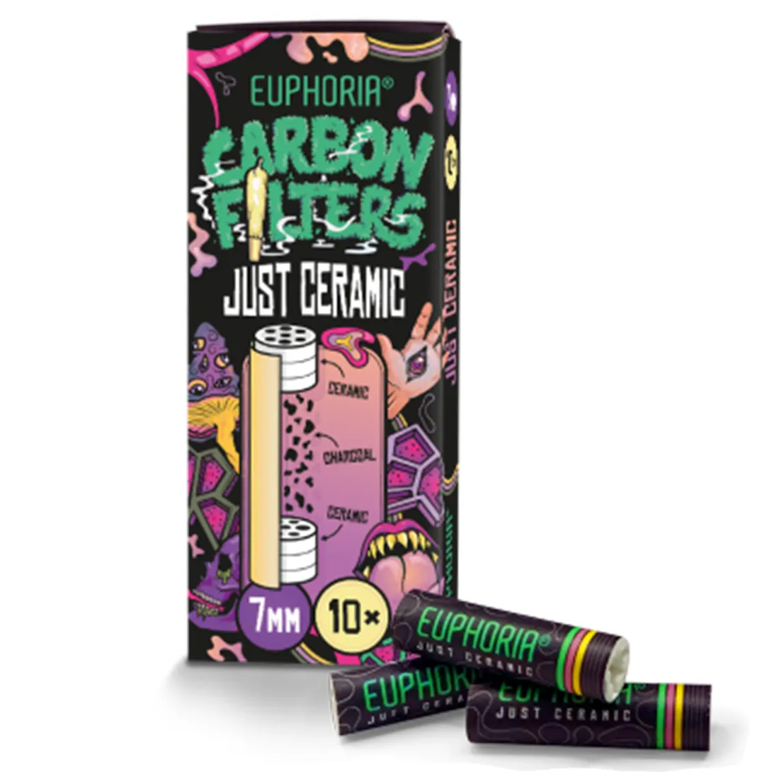 Syv millimeter keramiske kulfiltre præsenteres i en pakke med ti enheder. Hver filter har en glat, hvid overflade med en let skinnende finish, og de er cylindrisk formede med en ensartet diameter. De er pakket i en simpel, gennemsigtig emballage, der afslører filtrenes ensartede størrelse og form. Teksten på pakken er minimalistisk og informativ.