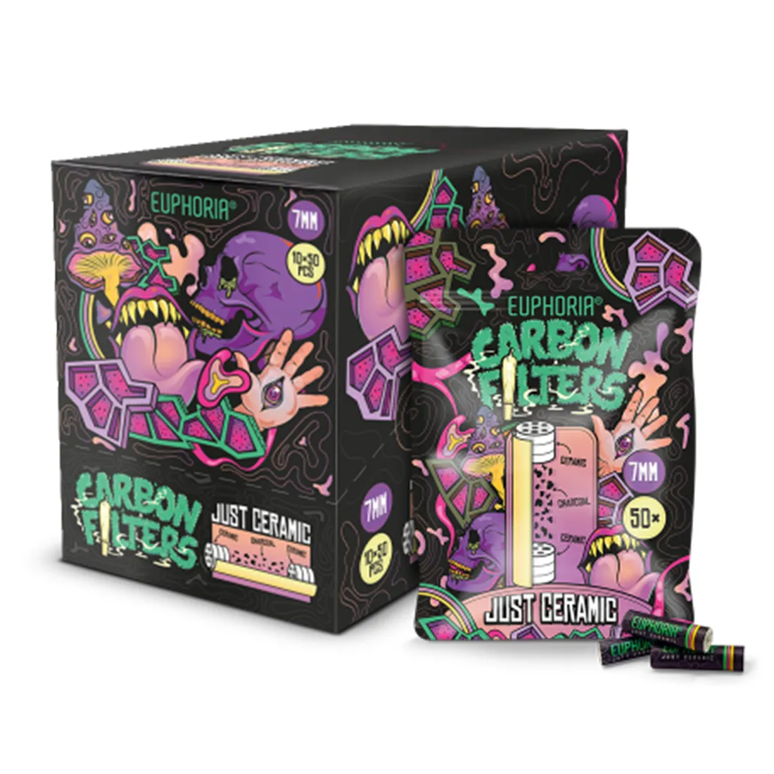 Runde, keramiske filtre præsenteres i en hvid og grå nuancer. Hvert filter måler 7 mm i diameter og har en glat, mat overflade. Mønsteret er ensartet uden synlige defekter. Filtrene er arrangeret i en pakke med 50 stk., hvor de er adskilt af en tynd, transparent folie, der skaber en let refleksion.