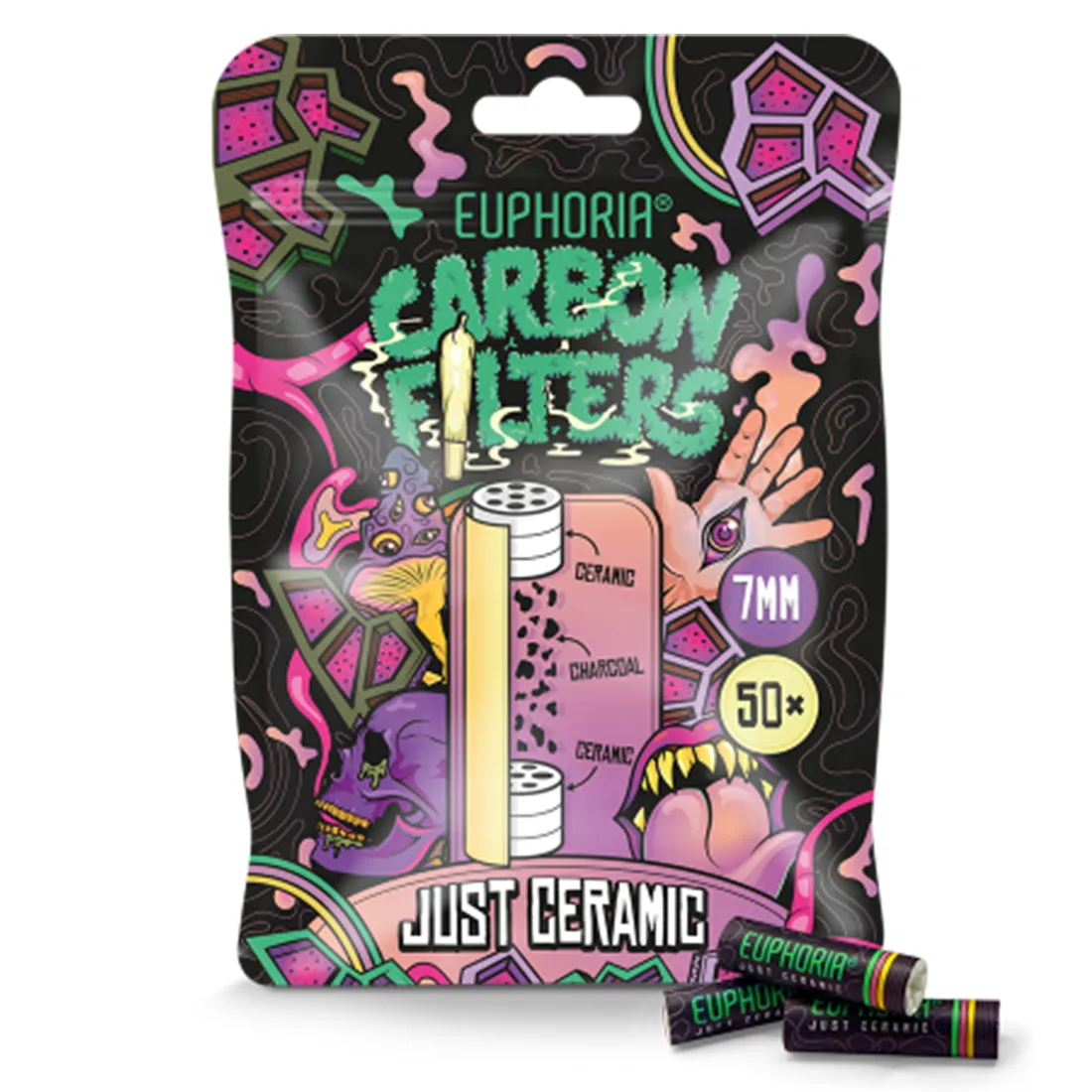 Ceramiske kulfiltre præsenteres i en pakke med 50 stykker. Hvert filter har en cylindrisk form med en glat, hvid overflade. De måler 7 mm i diameter og har en let tekstureret struktur, der sikrer et godt greb. Pakken har en enkel, gennemsigtig indpakning, der fremhæver filtrenes ensartede design og farve.