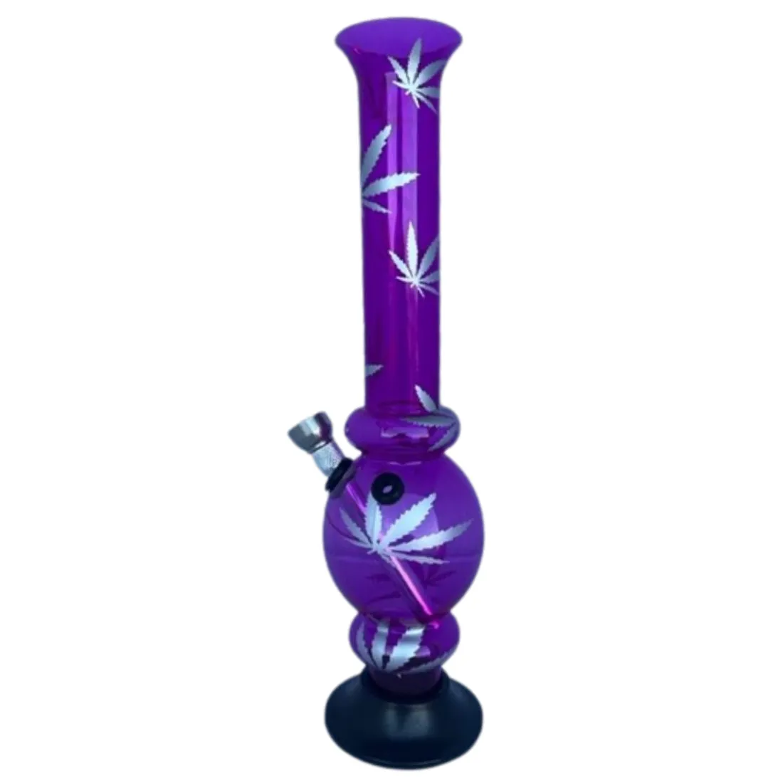 En lilla akryl bong med en glat overflade og en cylindrisk form. Den har en bred bund, der snævrer ind mod toppen. En bølgende, grønlig detalje dekorerer bongen, hvilket tilføjer et organisk præg. Der er en indsat metal skål og et rør, der strækker sig ud til siden. Den samlede højde er 26 cm.