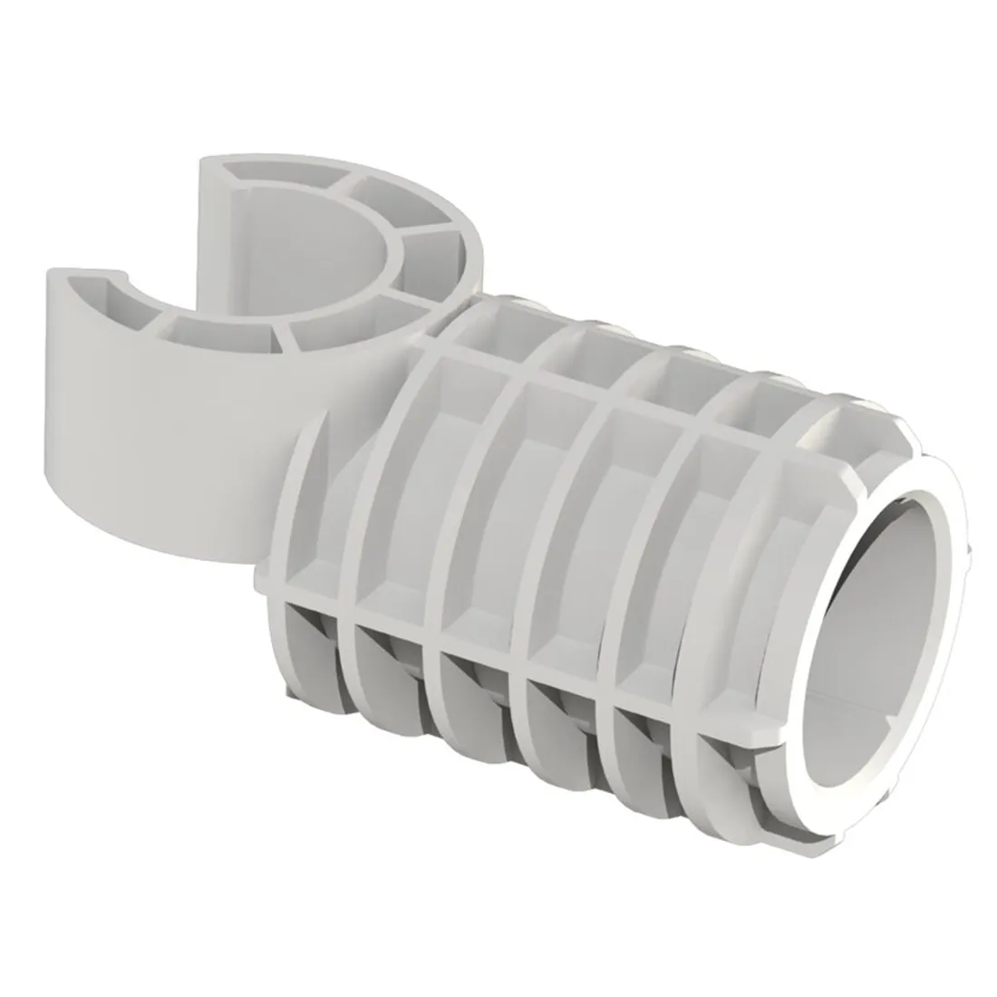 En cylindrisk, sort ventilationskanal med en diameter på 25 mm pryder overfladen. Den er fremstillet af plast, med en glat tekstur og skridsikker overflade. For enden er en justerbar ventil med en rund, perforeret åbning, der muliggør luftstrøm. Enkle, klare linjer og en minimalistisk form giver en funktionel fremtoning, velegnet til ventilation.