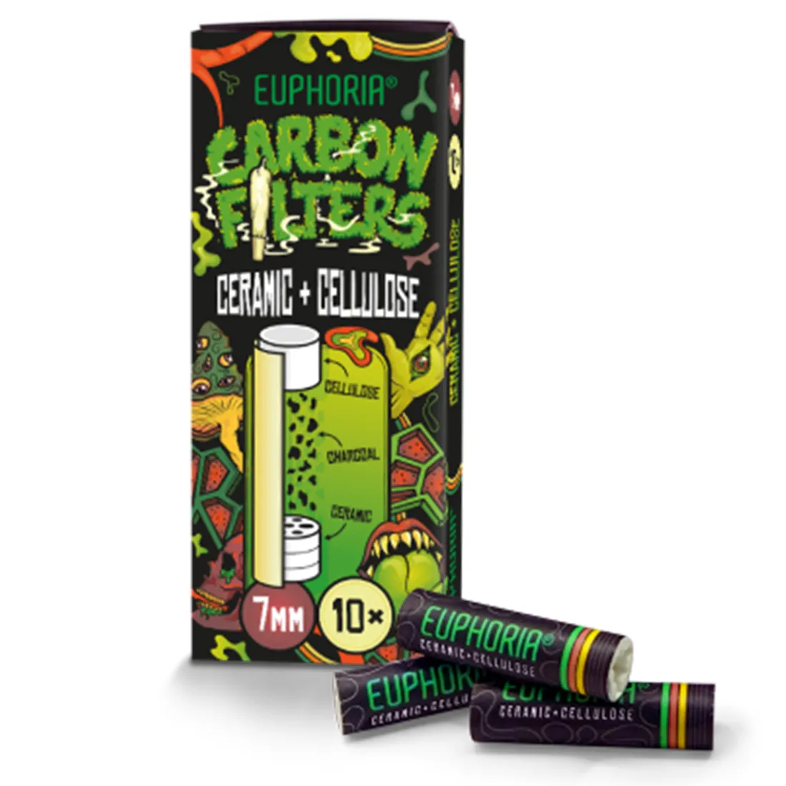 Carbonfiltre i cellulose med keramiske elementer præsenterer en rektangulær form og måler 7 mm i diameter. Filtrene har en lys beige farve med en let struktureret overflade, der indikerer en porøs tekstur. Hver enhed er pakket i en gennemsigtig pose, der viser ti stk. samlet, med tydelig mærkning i sort tekst, der angiver produktets specifikationer.