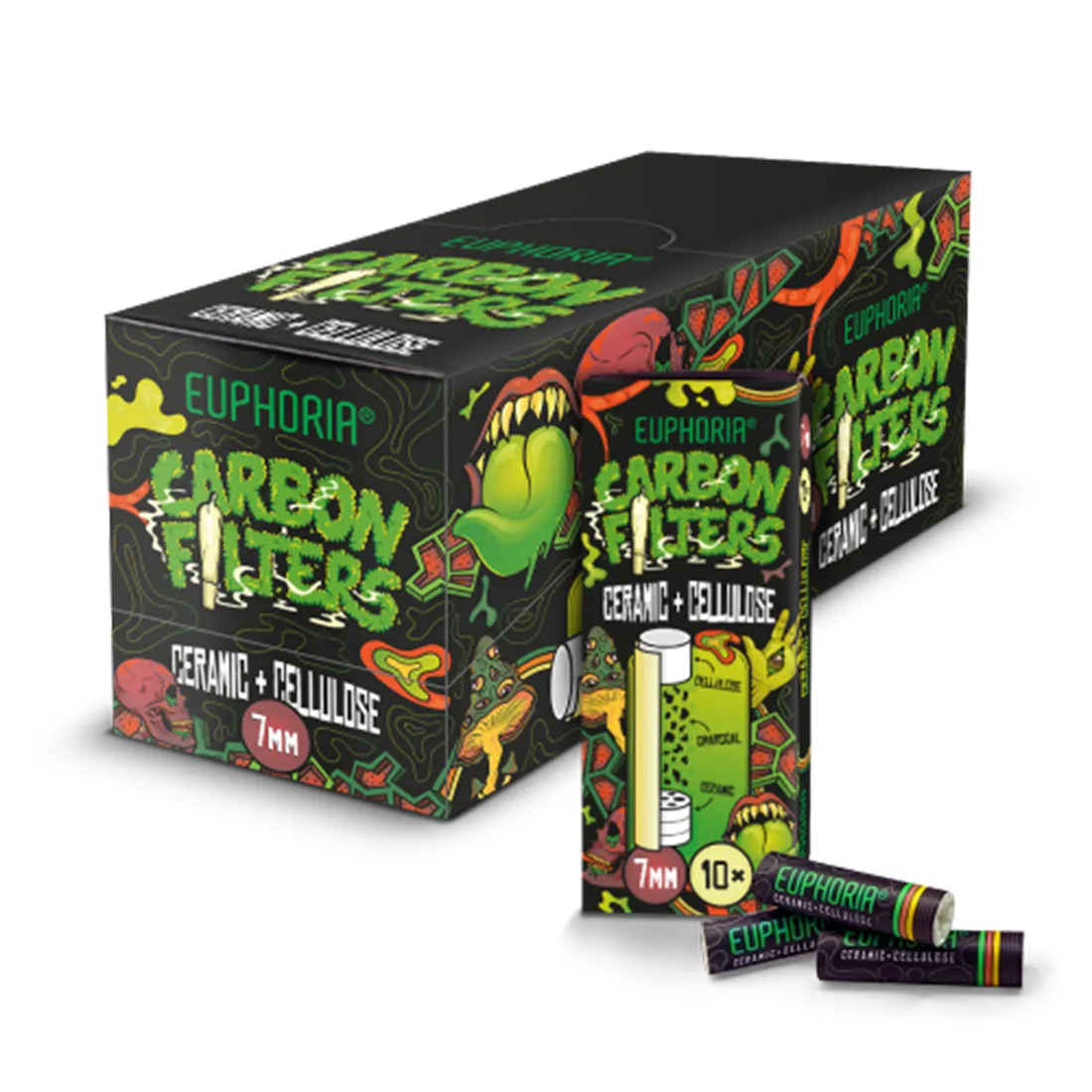 Carbon filtre i cellulose og keramik, måler 7 mm i diameter. De har en glat, hvid overflade med en let skinnende finish. Hver enhed er cylindrisk, med en ensartet tykkelse og let buede ender. Pakken indeholder 10 stk., og den er præsenteret i en simpel, gennemsigtig emballage, der fremhæver filtrenes klare form og struktur.