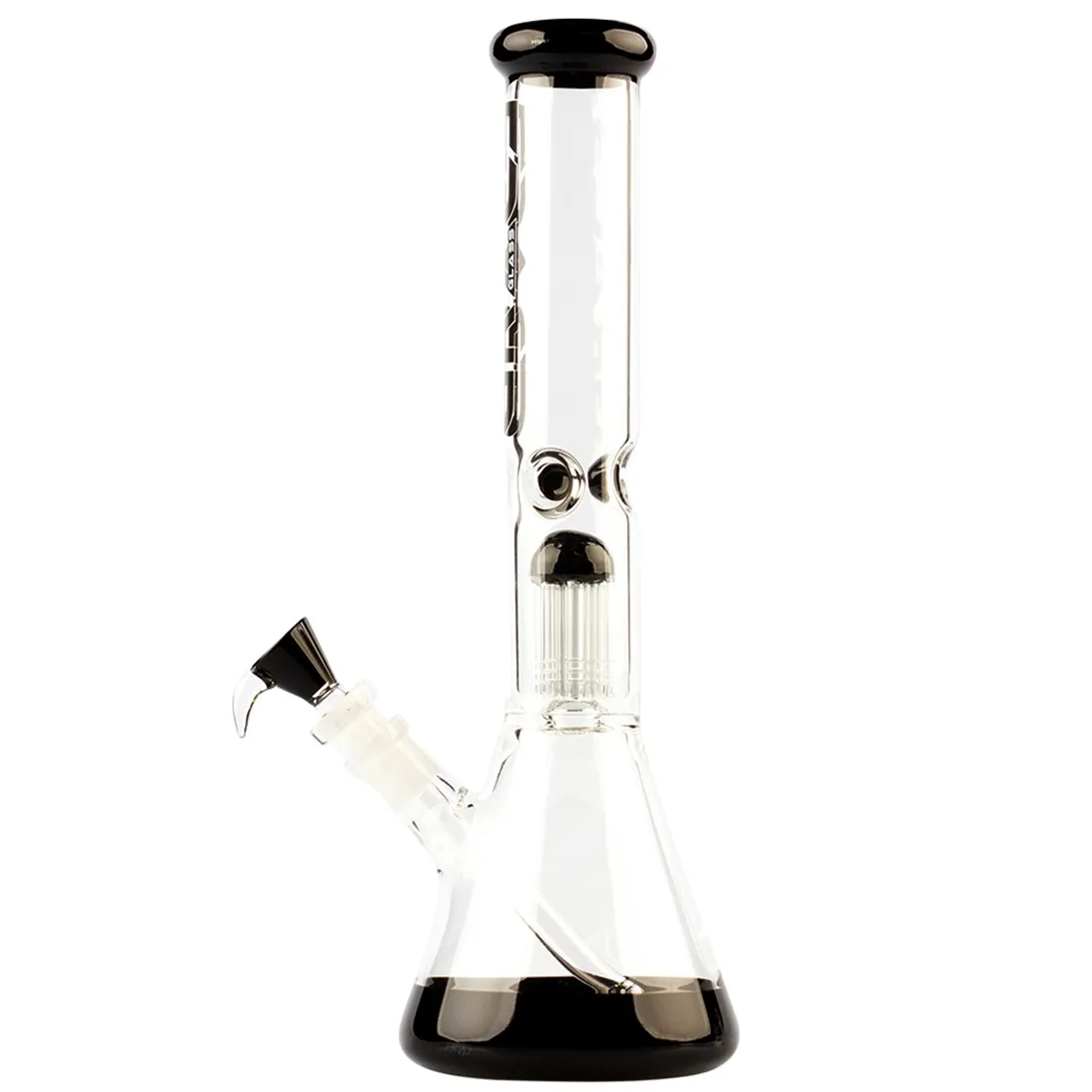 En sort glasbeaker med en elegant, højtstående cylindrisk form præsenterer sig med en glat overflade og en blank finish. Beakeren har en kapacitet på 37 cm og fremstår i en dyb, ensartet sort farve. Den skrå kant giver et moderne udtryk, mens den robuste bund sikrer stabilitet. Designet er minimalistisk med en simpel, stilren æstetik.