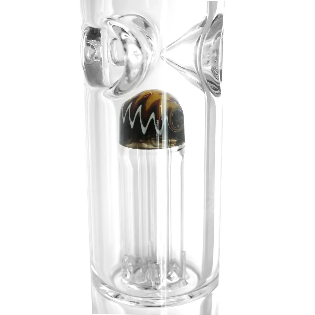 Heisenberg bæreren har en cylindrisk form med en transparent, farvet glasoverflade, der viser nuancer af blå og grøn. Den har en bred bund og en smal hals. Perkolatoren indeholder flere små bobler og har dekorative mønstre. Kanten er glat, og der er en indbygget skål til urter. Designet kombinerer funktionalitet med en kunstnerisk flair.