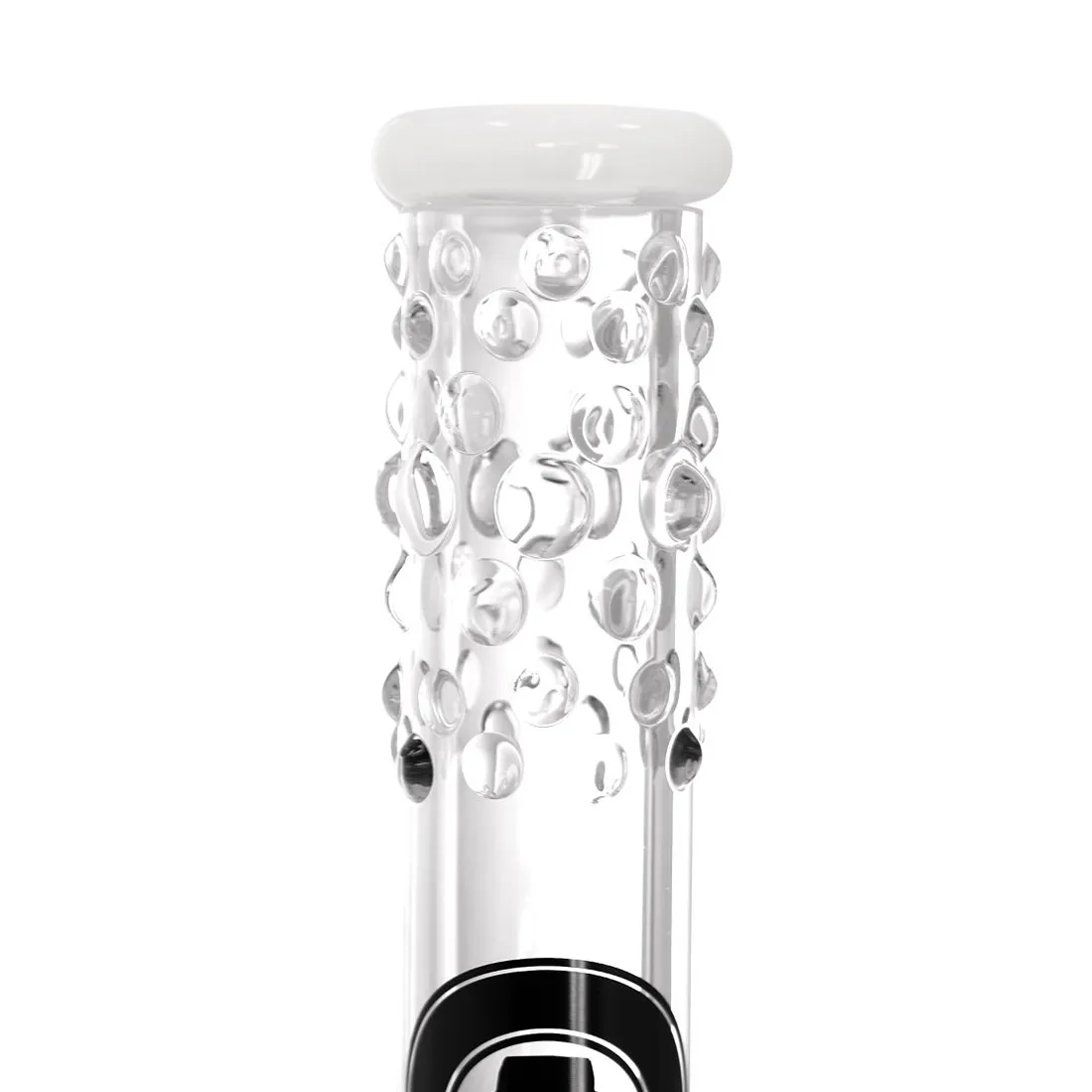 Heisenberg beaker med boblefarver præsenterer sig med en høj, cylindrisk form, fremstillet af klart glas. Overfladen har en glat tekstur, mens det indre indeholder flerfarvede bobler, der skaber et dynamisk mønster. Perkolatorens arm strækker sig ud fra toppen og tilføjer en ekstra dimension. Det samlede design er funktionelt med en stabil base og præcise detaljer.