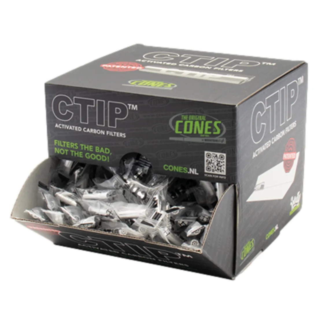 CTIP alu-carbon filter præsenterer en rektangulær form med afrundede hjørner, dækket af en mat sort ramme. Filteret har en struktureret overflade med fine, tætte porer, der giver en let tekstur. Den indvendige del er prydet med en grå, karbonlignende struktur. Kanten er tydeligt markeret med en hvid streg. Dimensionerne er kompakte, og designet fremstår robust.