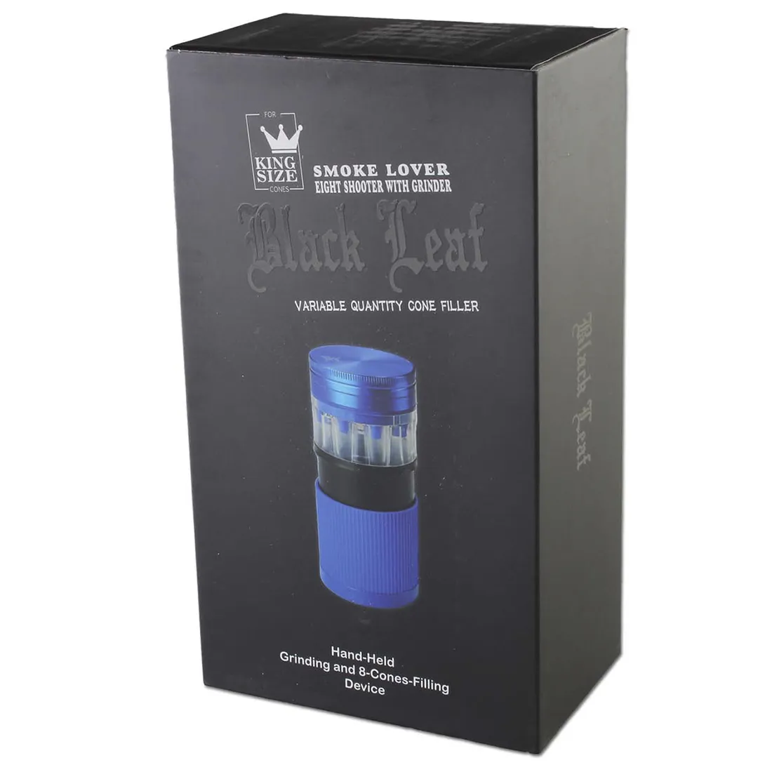 En sort, cylindrisk krydderkværn fremstår med en tekstureret overflade og en glat top. Kværnen har en metalisk finish og en skarp, sølvfarvet knap til åbning. Ved siden af ligger en cone-filler, der er 69 mm lang, med en ensartet, glat overflade og en subtil lys grå farve. Begge elementer er placeret på en neutral baggrund.