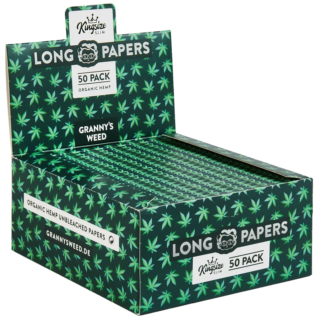 Granny's Weed Organic Hemp King Size Slim er en papirrulle i en slank, rektangulær form med en glat, mat overflade. Farven er naturlig beige med subtile grønne nuancer. Mønsteret er enkelt og ensartet, uden synlige teksturer. Der er en lille, sort tekst på pakken, der angiver produktinformation. Rullen har en let bølget kant, der giver et organisk udtryk.
