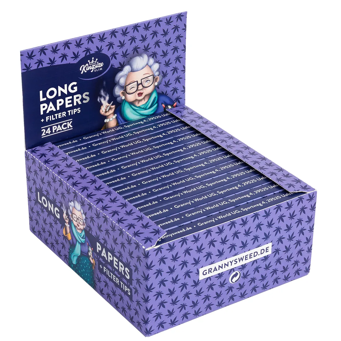 Granny's Weed Unbleached Plus Tips præsenterer en lang, smal papirstrimmel i en naturlig, ubleget farve. Papiret har en let ru tekstur og er forsynet med en perforering for nem skæring. Den øverste kant er let bølget, mens den nederste kant er lige. Der er ingen synlige logoer eller tekst, hvilket giver et minimalistisk udtryk.