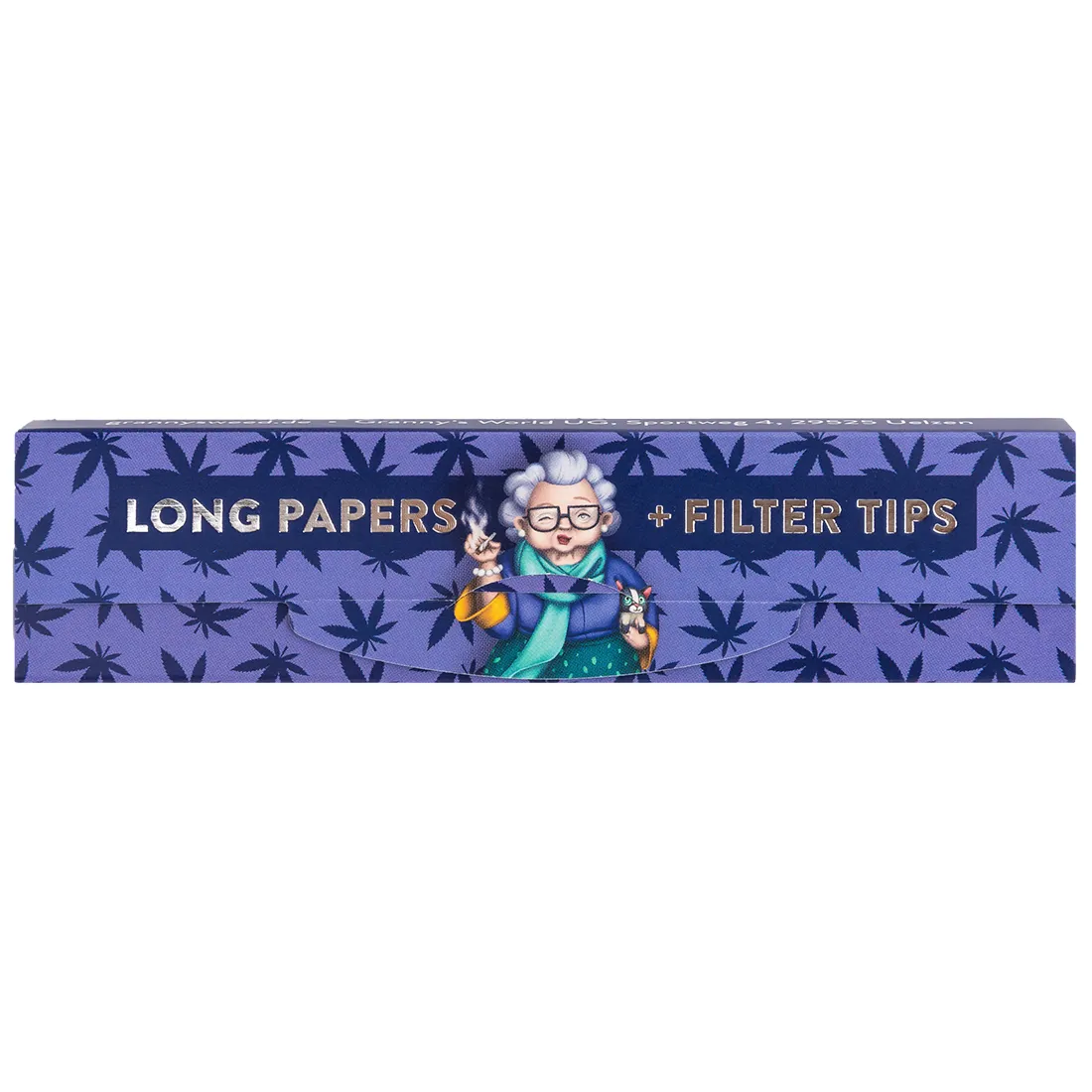 Granny's Weed unbleached plus tips præsenterer en pakke i rektangulær form med naturlige, brune nuancer. Papiret er tyndt og har en let tekstur, der indikerer ubleget materiale. På forsiden ses trykt tekst i sort, der angiver produktets navn og type. Kanten er jævnt skåret, og pakken er lukket med en fold.