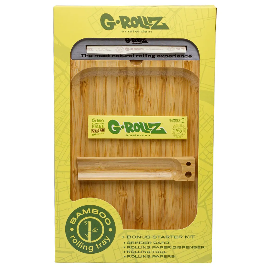 Et rektangulært fad i naturligt bambus med en glat, lys overflade. Fadet har afrundede kanter og en let hævet kant, som skaber en diskret ramme. Mønstret i bambusets korn er synligt og varierer i nuancer fra lys til medium brun. Fadet er helt uden synlige knapper, symboler eller tekst, hvilket giver et minimalistisk udtryk.