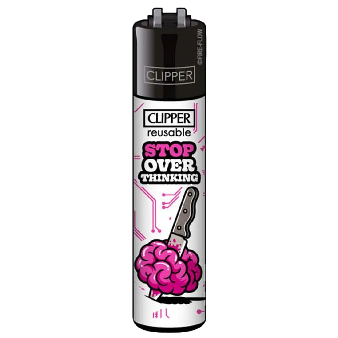 En lighter i metal prydet med en farverig grafik, der viser et abstrakt mønster i nuancer af blå, grøn og orange. Overfladen har en glat, reflekterende tekstur, mens kanten er let buet. Lighteren har en klassisk form med en tydelig gasudløser og en sikkerhedsknap, der er diskret placeret. Mønsteret indbyder til visuel opmærksomhed.