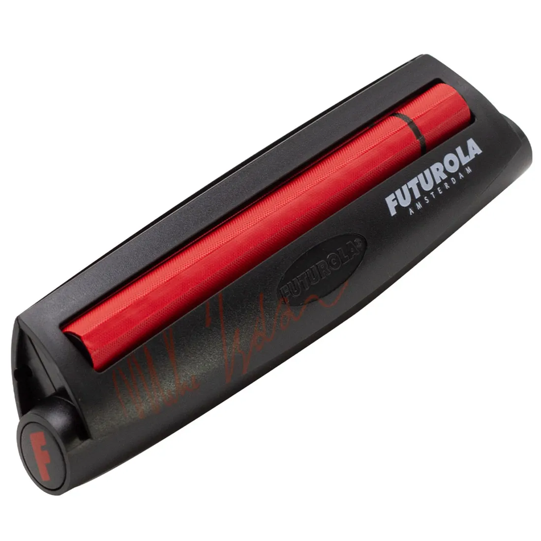 Rullemaskinen præsenterer en mat, rød overflade med en glat tekstur. Den har en cylindrisk form, der er let buet, og er fremstillet af holdbart plastik. På hver side er der små, sorte gummifødder, som sikrer stabilitet under brug. Derudover er der en sort justeringsknap i midten, der anvendes til at kontrollere tykkelsen på det rullede materiale.