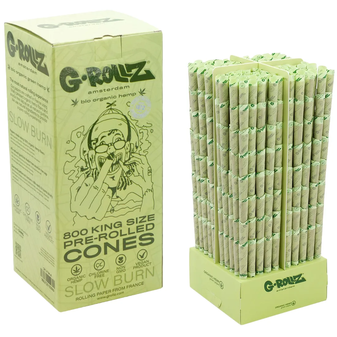 Rullepapirene præsenterer sig i en dyb grøn farve med en let struktureret overflade, der giver et naturligt udseende. Hver cone har en ensartet, konisk form, der afsluttes med en spids. Materialet synes at være hamp, hvilket fremgår af den let ru tekstur. Emballagen er praktisk og indeholder 800 stk., præsenteret i en kompakt kasse.