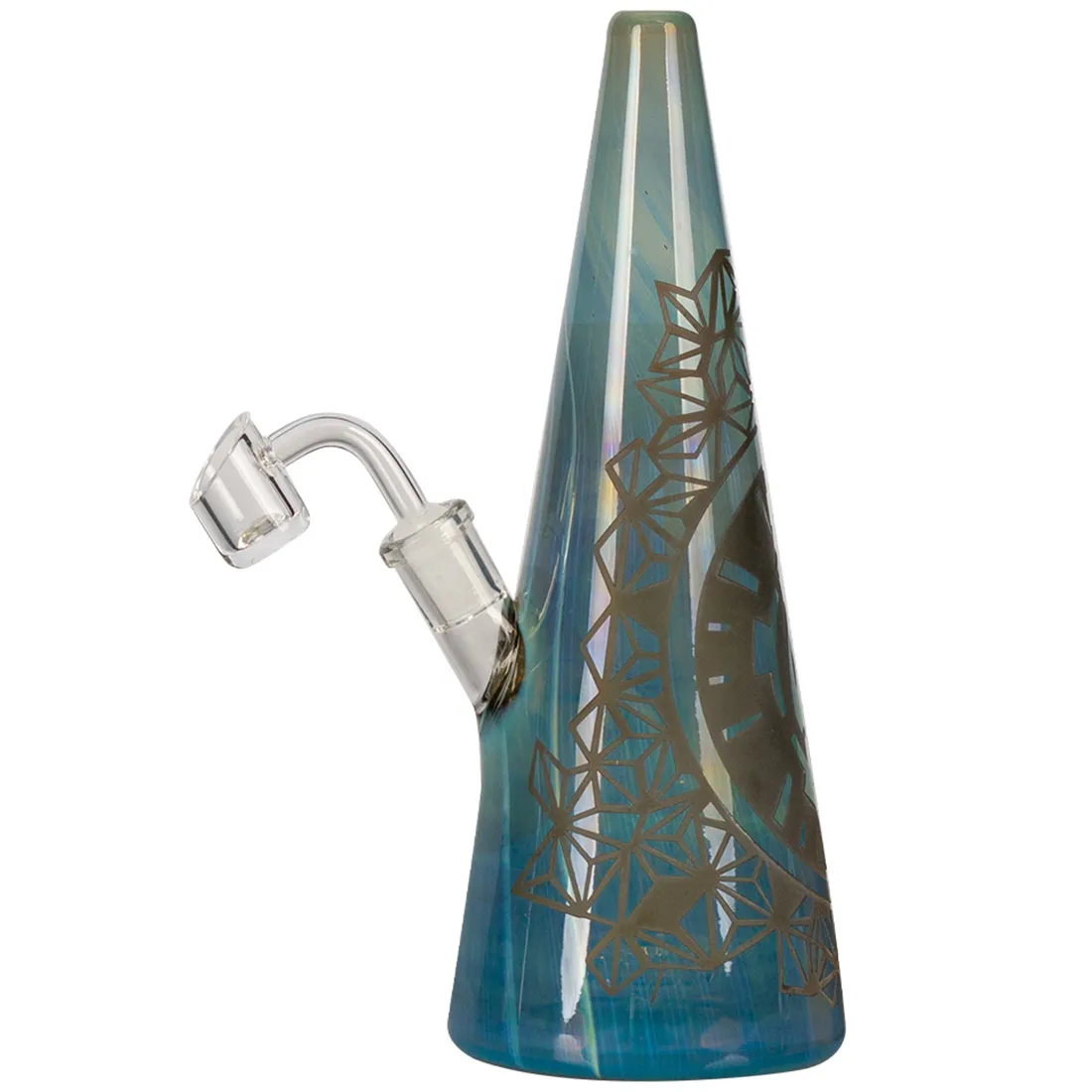 En 24 cm høj bong i klart glas med en glitrende cone-formet top. Den har et farverigt mønster af stjerner, der pryder overfladen. Bunden er bred og stabil, og der er en indbygget perkolator for ekstra filtrering. Kanten er let buet, og der er en lille åbning til røgudslip. Farverne skifter fra guld til grøn og lilla i lyset.