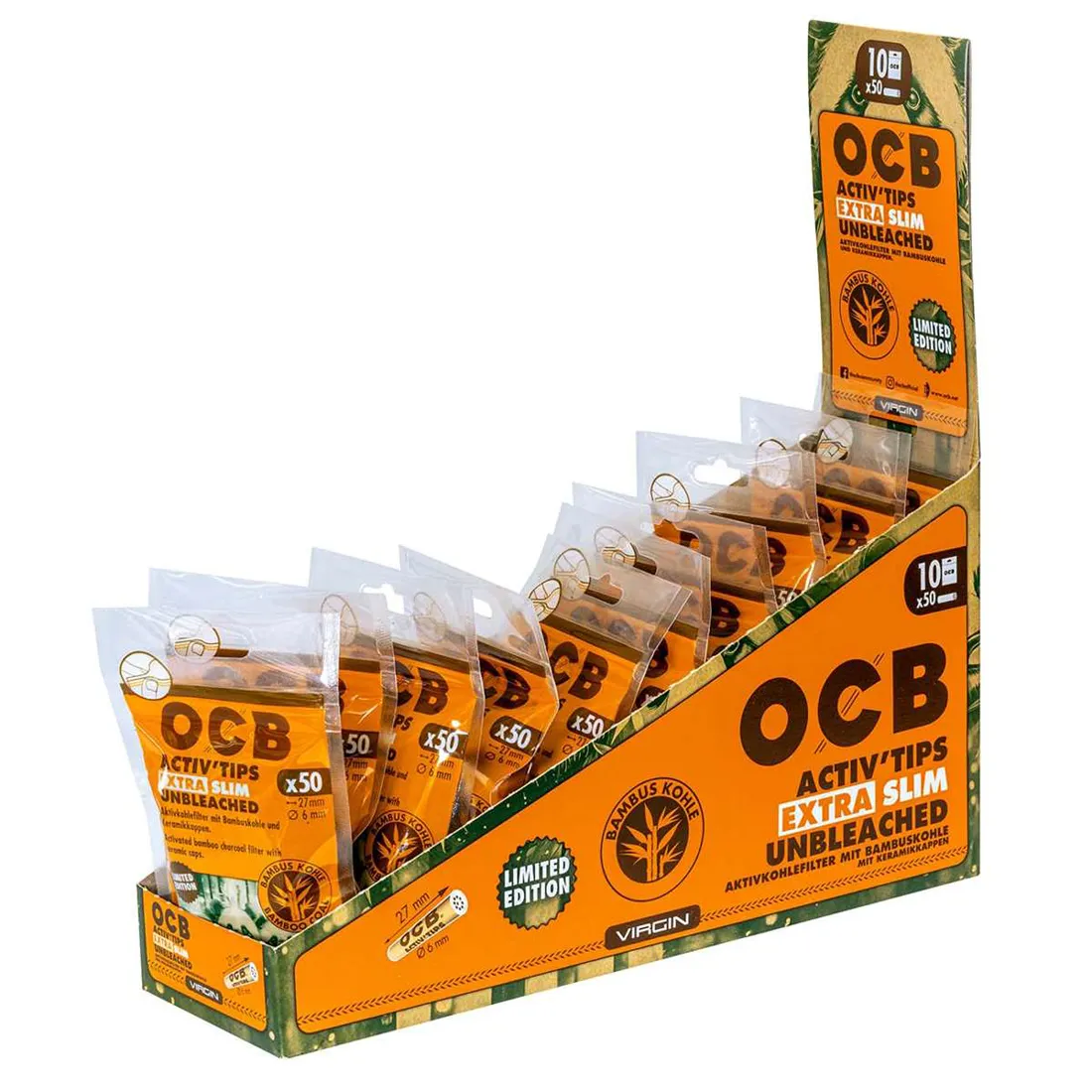 OCB Bamboo Brown Aktiv Tips er ekstra slanke papirstrimler, der præsenterer en naturlig brun farve. Hver strimmel har en glat overflade og er let bølget i kanten. Pakken indeholder 50 stykker, og designet er enkelt med en tydelig tekst, der angiver mærket. Materialet er bæredygtigt og fremhæver et minimalistisk udtryk.