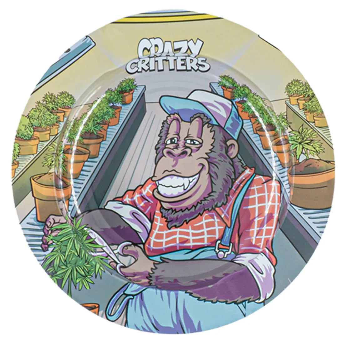 En abefigur i grå keramik fungerer som askebæger. Figuren har store, runde øjne og en åben mund, der skaber en legesyg udtryk. Overfladen er glat med en mat finish, mens indersiden af askebægeret er glansfuld og reflekterer lys. Figuren er detaljeret med tekstureret pels og en krum hale, der understøtter en stabil base.