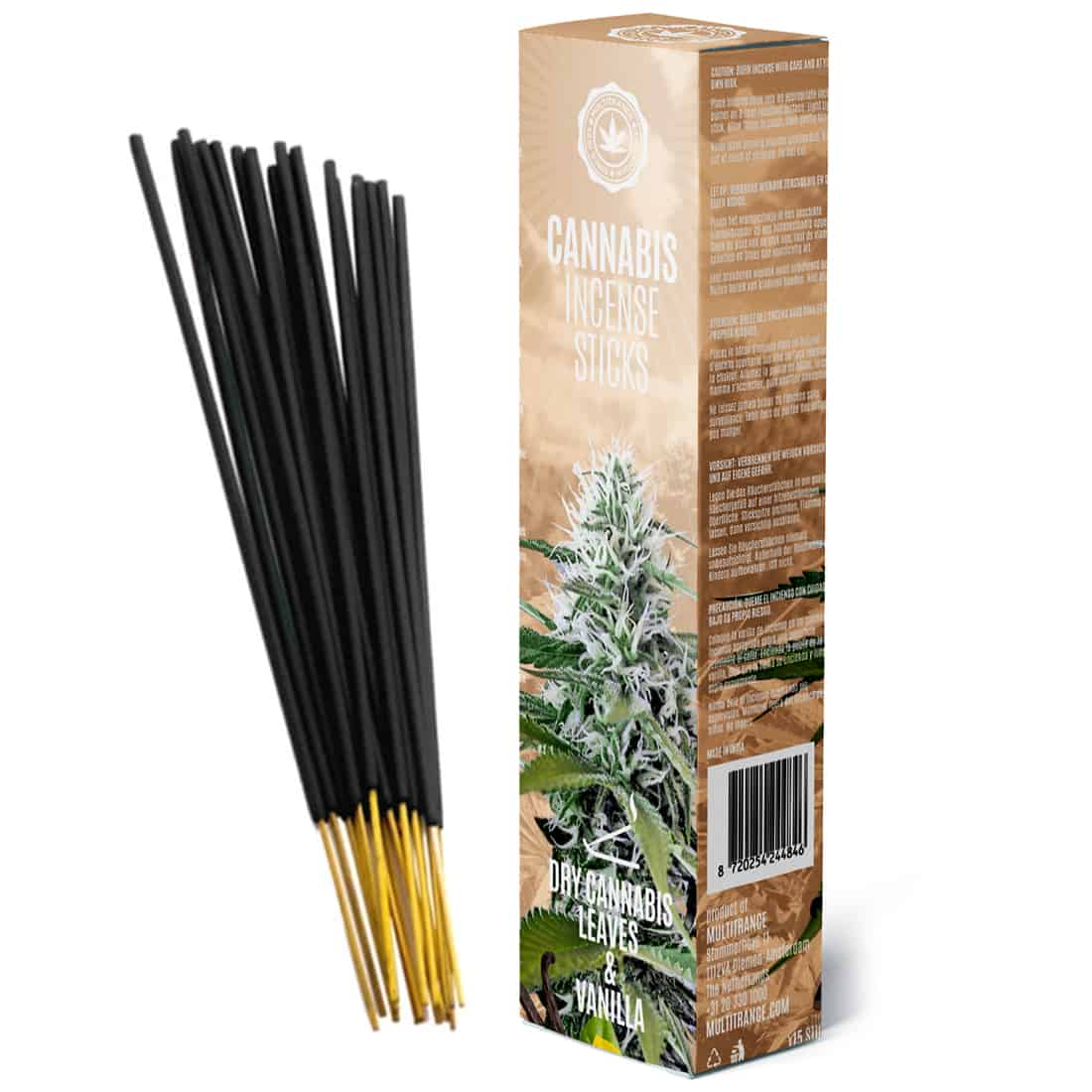 Cannabis-røgelsespinde præsenterer en samling af tørrede cannabisblade, der er farvet i nuancer af grøn og brun. Bladene har en ujævn, tekstureret overflade med tydelige årer. Ved siden af ligger vaniljeblomster, som har en lys, cremet farve og en glat tekstur. Dette arrangement skaber en kontrast mellem de naturlige elementer og deres organiske former.