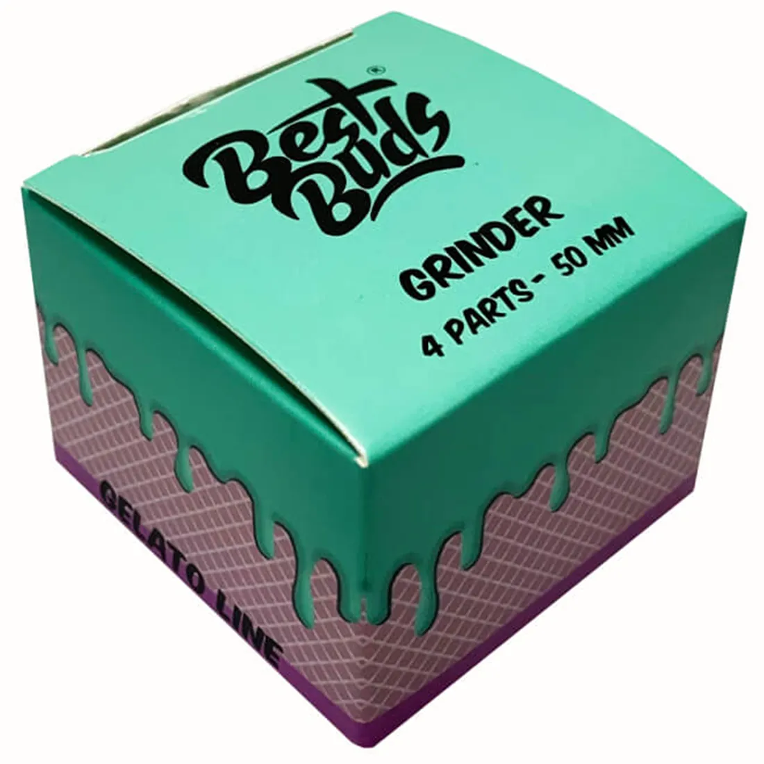 En kompakt, rund urtemølle med en diameter på 50 mm. Overfladen er mat sort med en struktureret tekstur, hvilket giver et robust greb. Den har to dele, hvor den øverste del indeholder skarpe tænder til formaling. Indvendigt er der små, fine perforeringer, der sikrer, at det formede materiale falder gennem møllen.