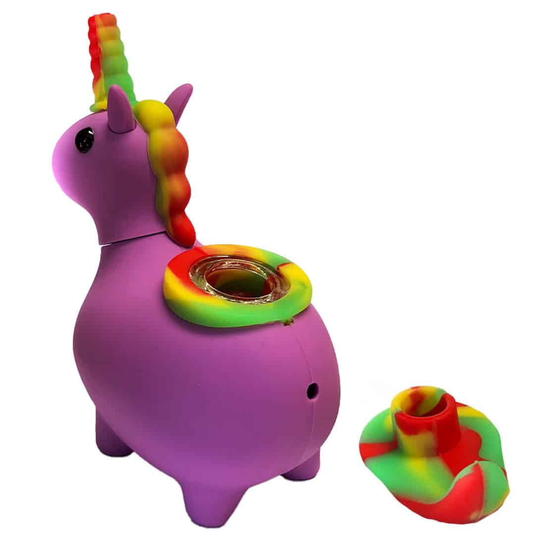 Silikonepibe i sort farve med detaljer i lilla. Piben har en glat, mat overflade og en buet form, der afsluttes med en bred åbning. Der er en lille, flad fod, som giver stabilitet, og en indbygget skærm til at filtrere tobaksrester. Piben måler 12 cm i længden og prydes af et unikt, fantasifuldt design.