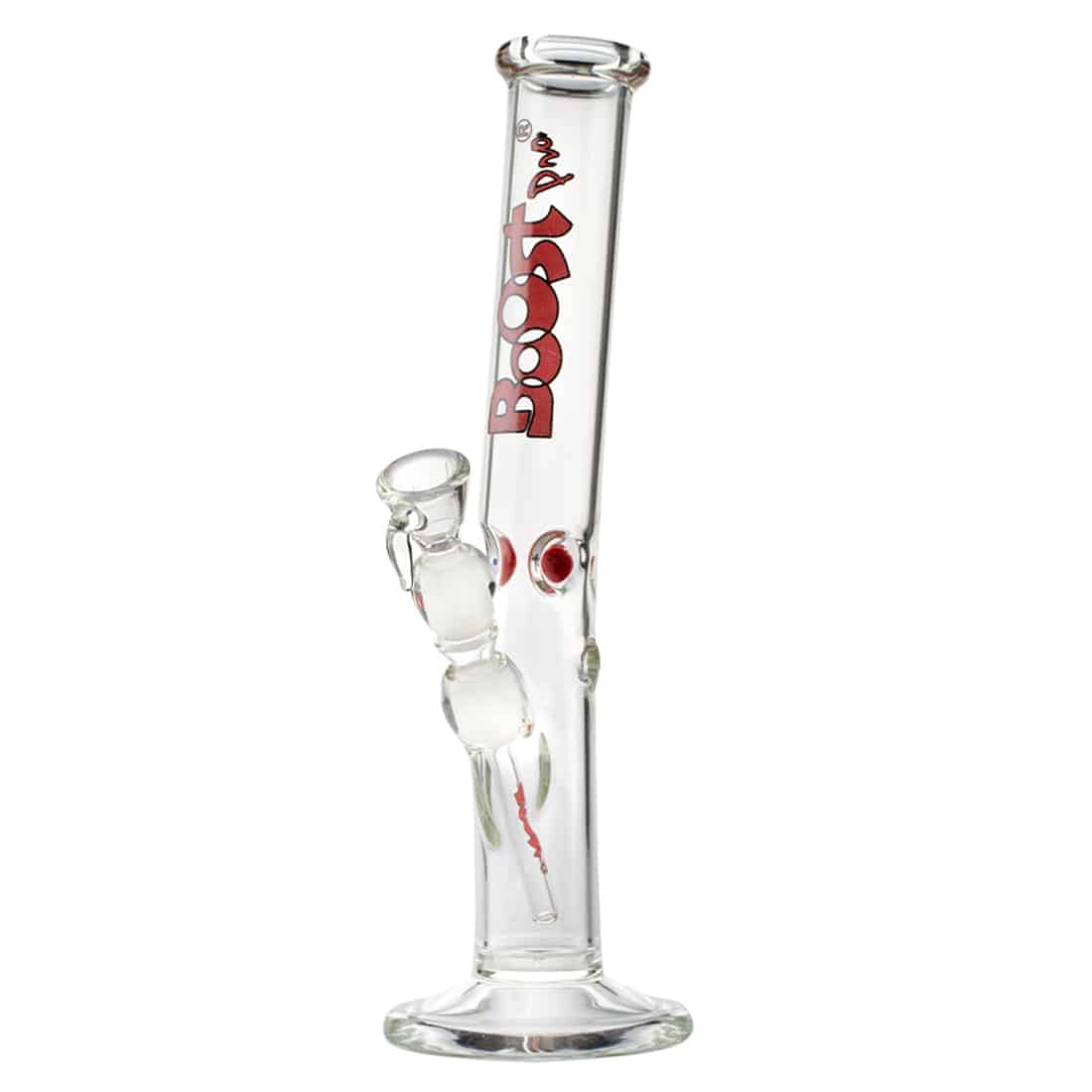 En rød glasflaske med en glat overflade pryder en simpel, cylindrisk form. Flasken har en afrundet bund og en smal hals, der afsluttes med en bred åbning. Et sort etikette med hvid tekst pryder flaskens midte, mens et guldfarvet låg afslutter toppen. Den klare, røde farve giver flasken et iøjnefaldende udseende.