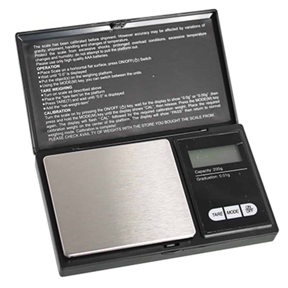 En kompakt digital vægt præsenterer en flad, rektangulær plade i rustfrit stål med en blank overflade, der reflekterer lys. Vægten har et klart LCD-display med sort tekst, der viser målevægten. Knapperne er diskrete og placeret under displayet. Den er designet til at veje op til 200 gram, hvilket fremgår af en tydelig markering.