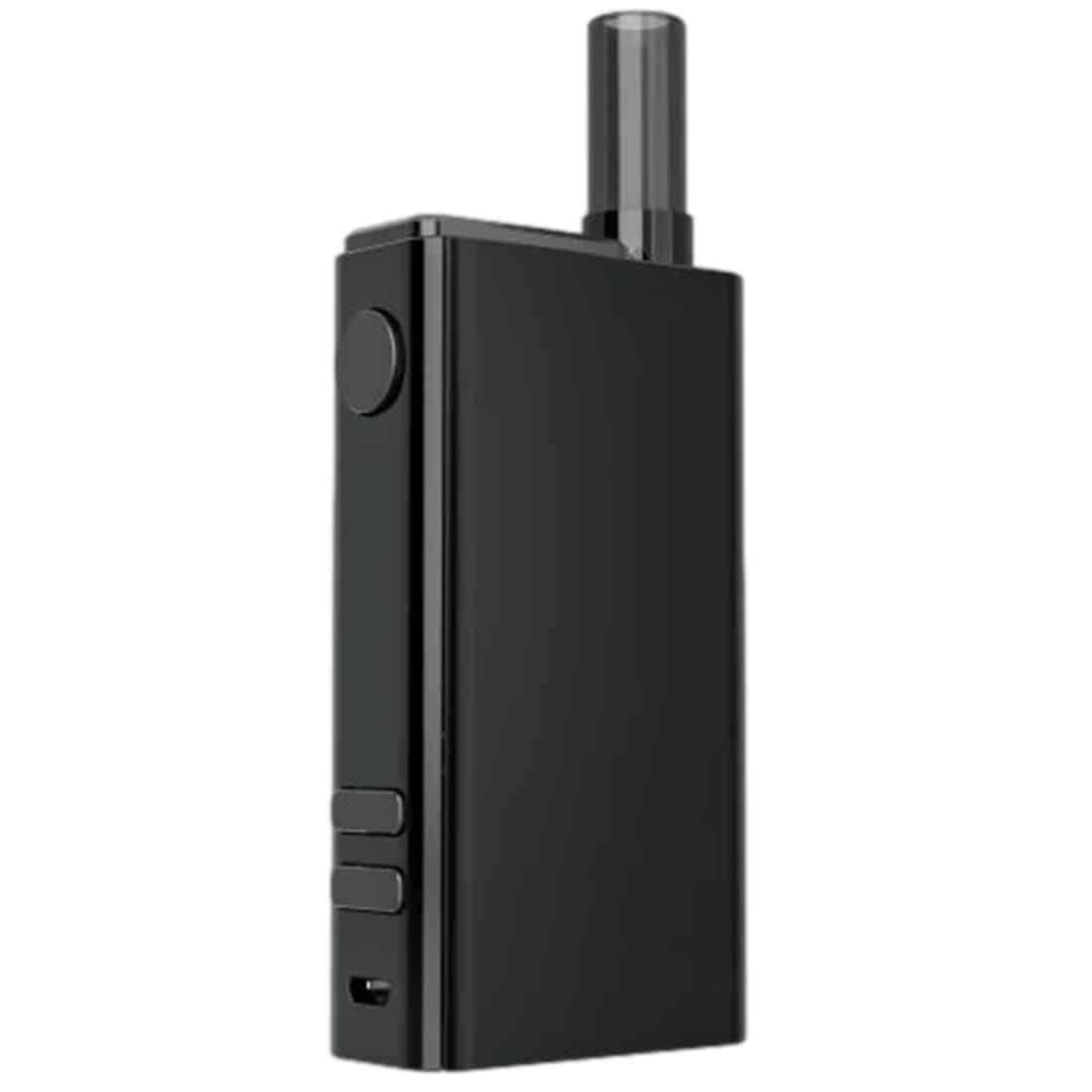 En kompakt, sort enhed med en mat overflade, der har afrundede kanter og et minimalistisk design. Fronten prydes af en lille digital skærm med tydelige tal og symboler. To knapper er placeret under skærmen, mens en større åbning til indhold ses på toppen. En diskret ventilationsåbning findes på siden, hvilket tilføjer funktionelt præg.