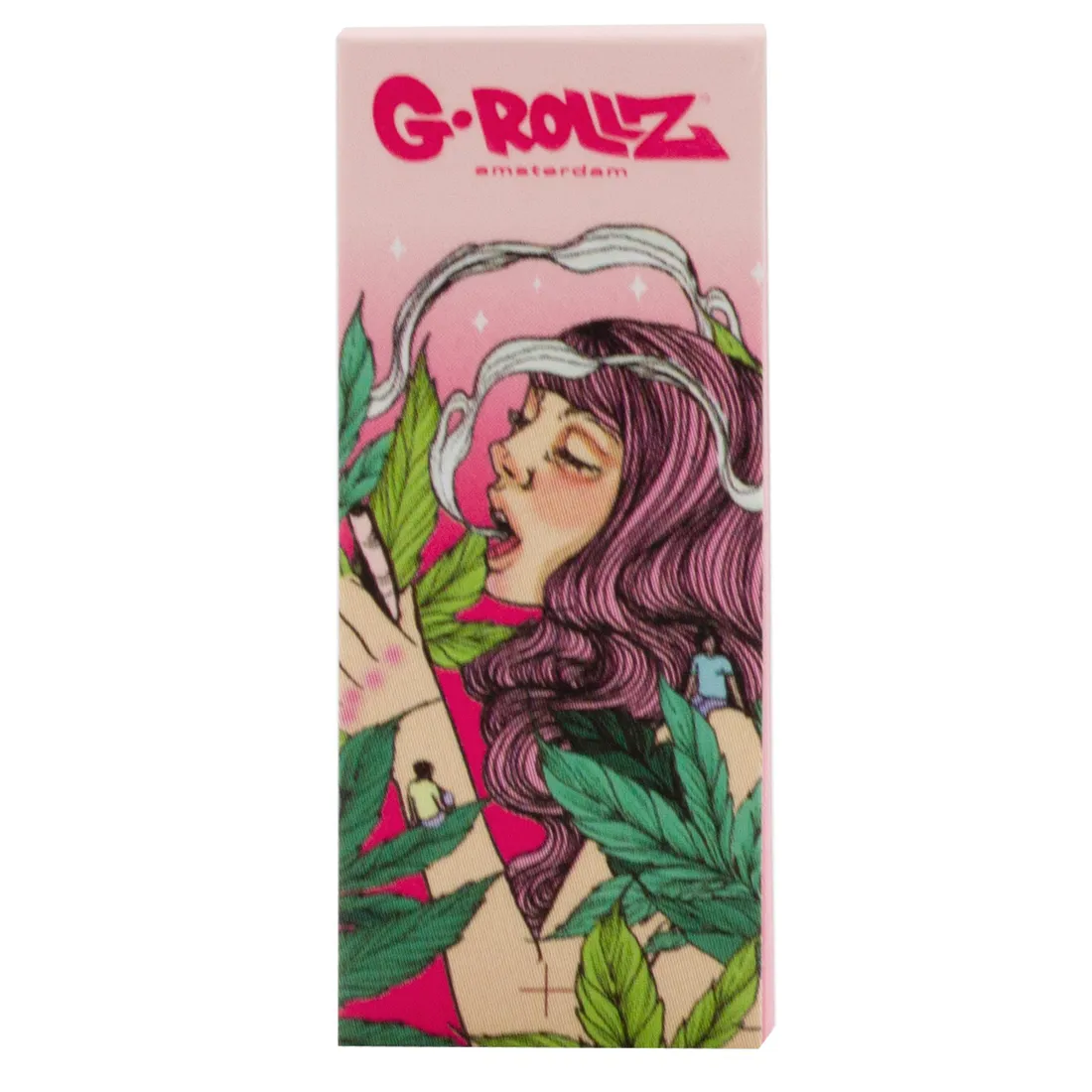 En samling af filtertips præsenteret i en pink farve med et mønster af svampe. Hver filtertip har en glat overflade og en cylindrisk form. Mønsteret indeholder detaljerede svampeillustrationer i forskellige nuancer af grøn og hvid. De er arrangeret i en genanvendelig opbevaringsbeholder, der også er pink, og har en transparent låg, der viser indholdet.