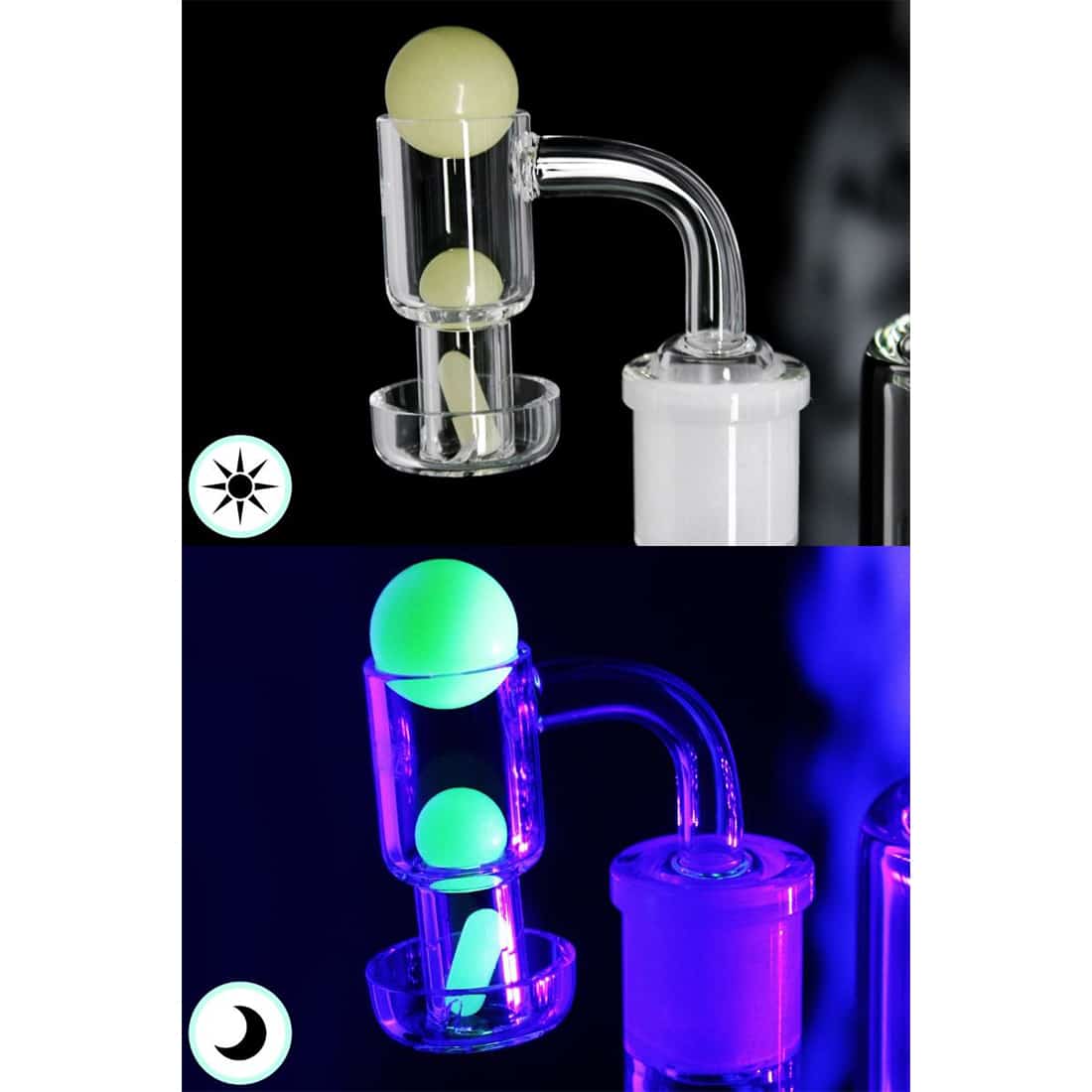 En rund skål i klart glas prydet med en glødende grøn farve. Skålen har en glat overflade og en let buet form, der afsluttes med en bredere åbning. Nederst er der en smal rørformet forlængelse, der taper sig indad. Det klare glas giver en tydelig synlighed af indholdet, mens den grønne glød tilføjer et iøjnefaldende element.