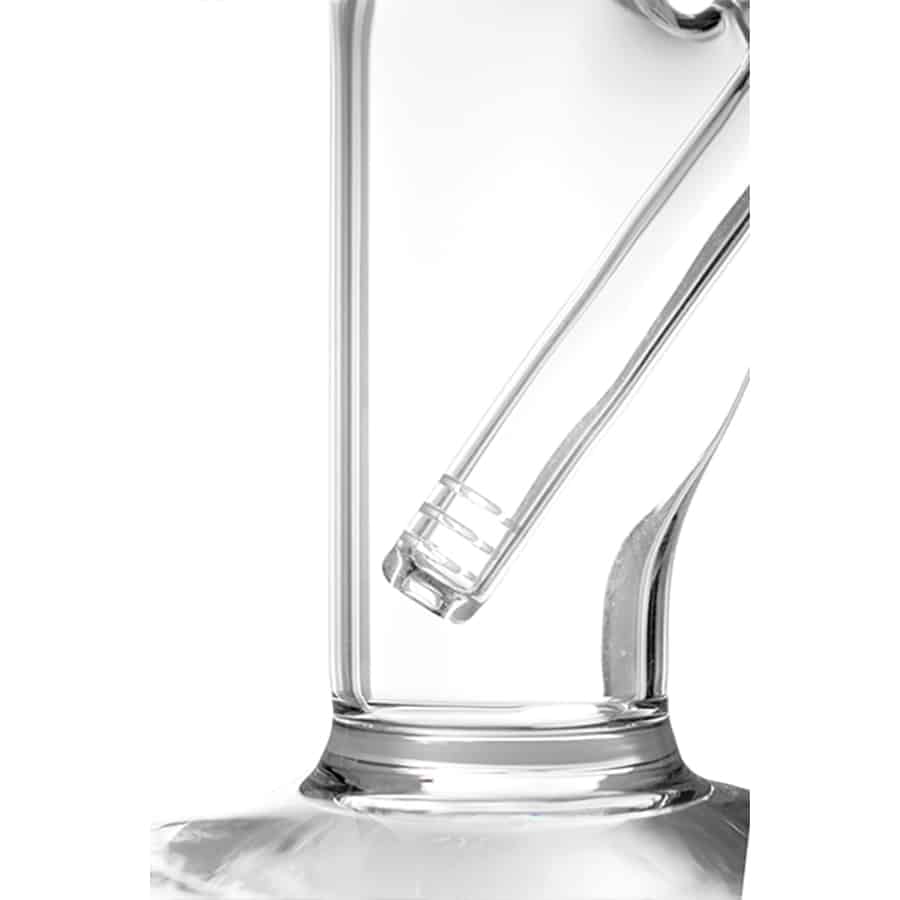 En brænder med en sort, cylindrisk base og en klar, glaseret skål i toppen. Skålen har en glat overflade med en let bølget kant. En metalventil med en skinnende overflade er placeret på siden, og der er en slange, der er fastgjort til basen. Farverne domineres af sort og krom, med en transparent nuance fra skålen.